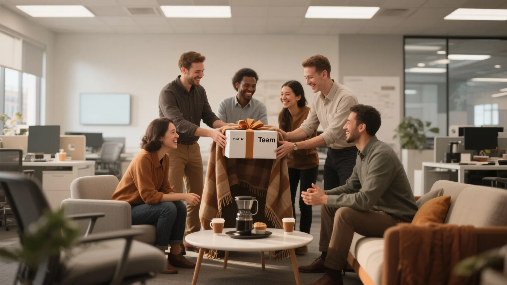 Happy office workers holding a large gift box and blanket inside a bright modern office lounge