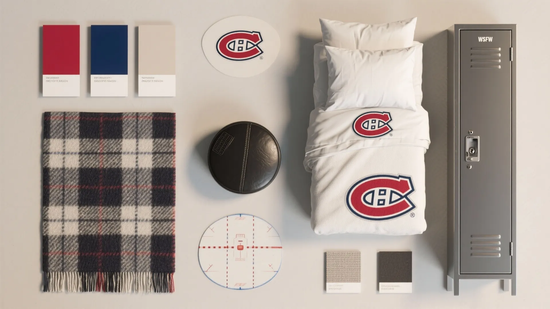 Hockey themed mood board with red and blue color swatches bed sheets cabinet and plaid blanket