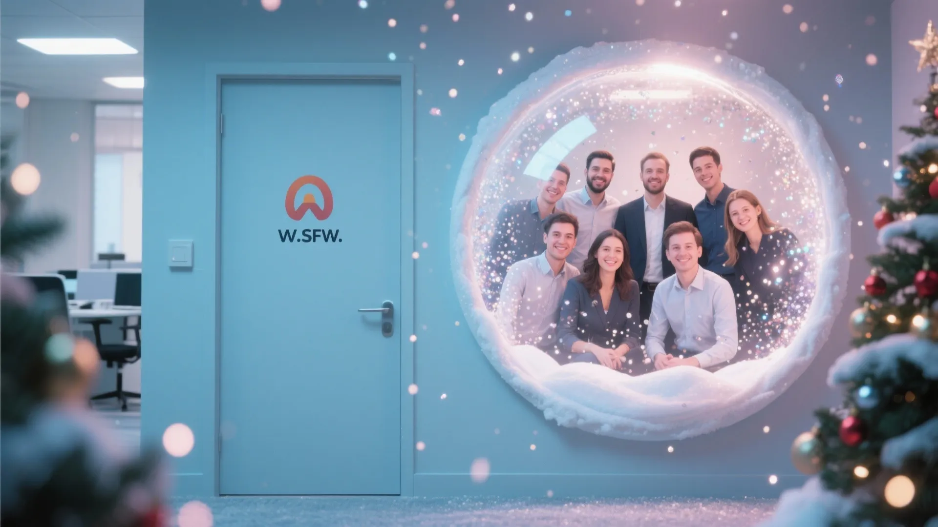 Office door with company logo next to large snow globe window showing a smiling team