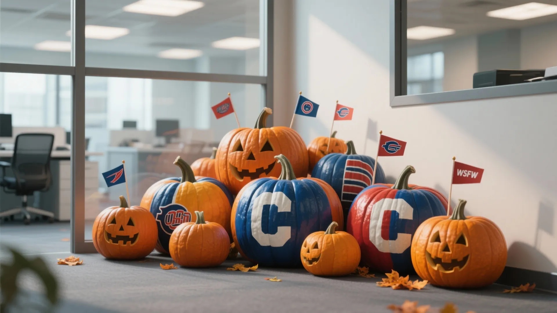 Pumpkins painted in different sports team colors with flags