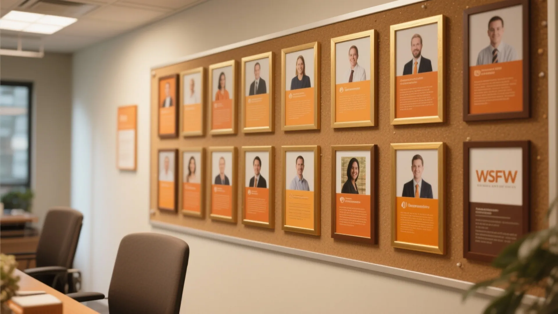 Office cork board displaying several framed professional employee portraits arranged in two neat horizontal rows