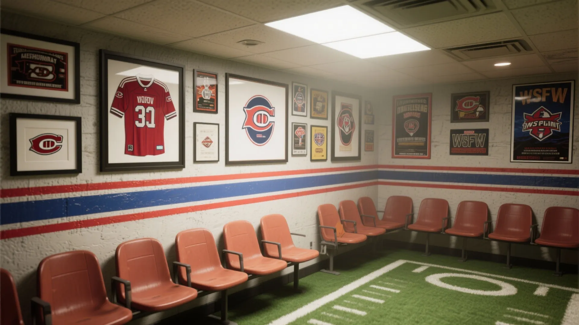 Basement wall decorated with jerseys, posters, and bold stripes.