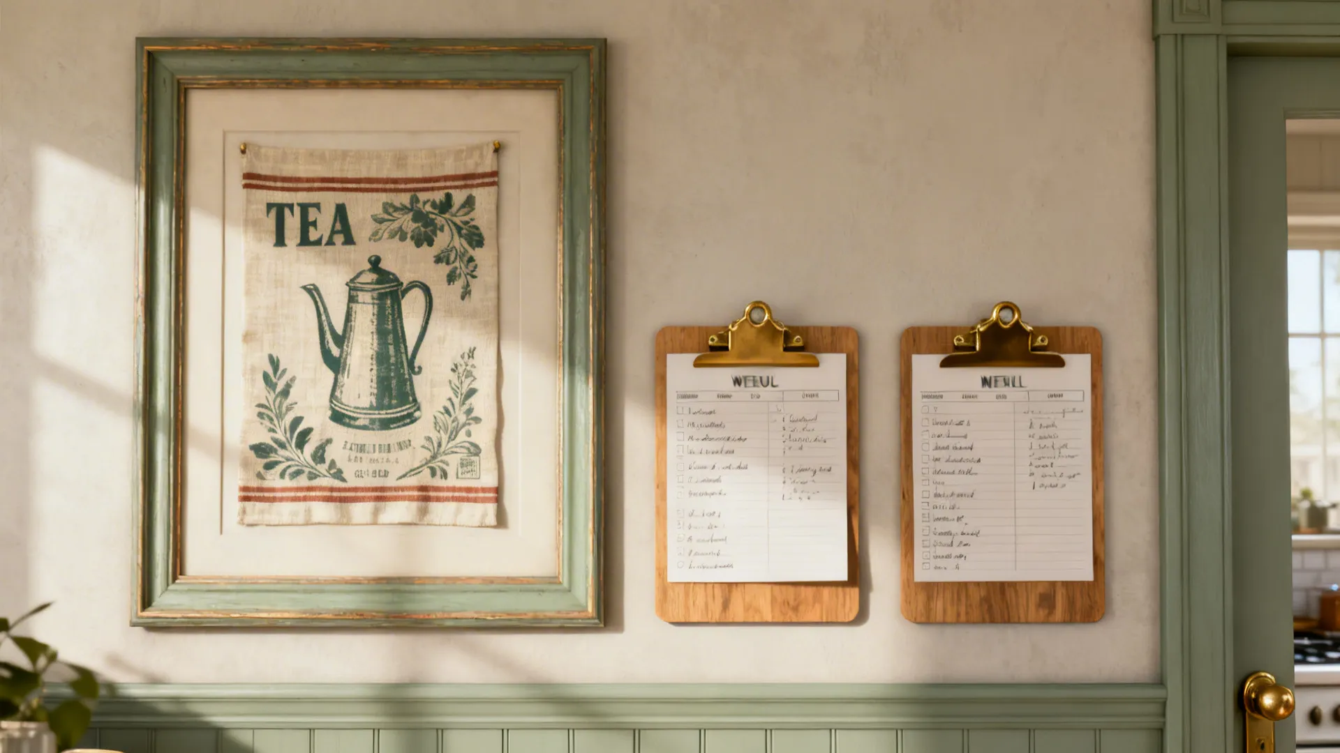Framed vintage tea towel with matching wooden clipboards for menus on a kitchen wall.