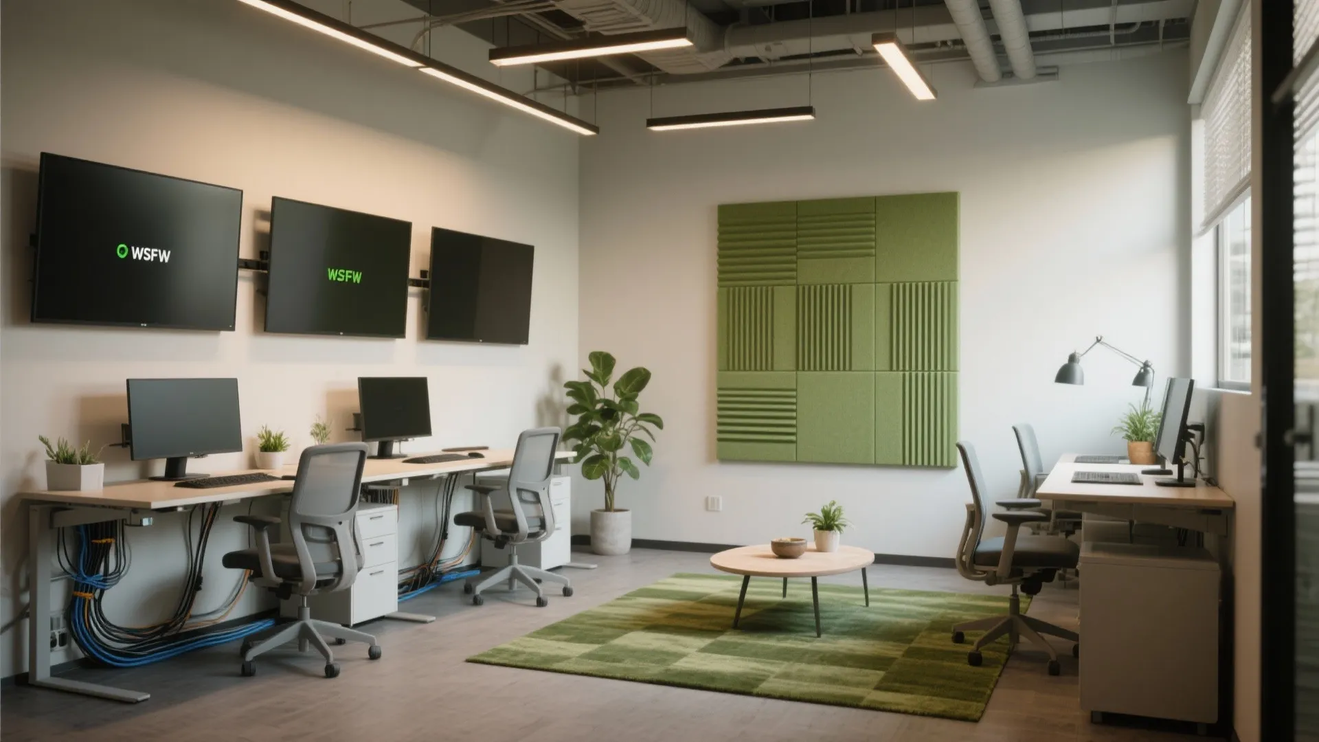 Modern office interior with desks gray chairs green wall panels television screens and ceiling light fixtures