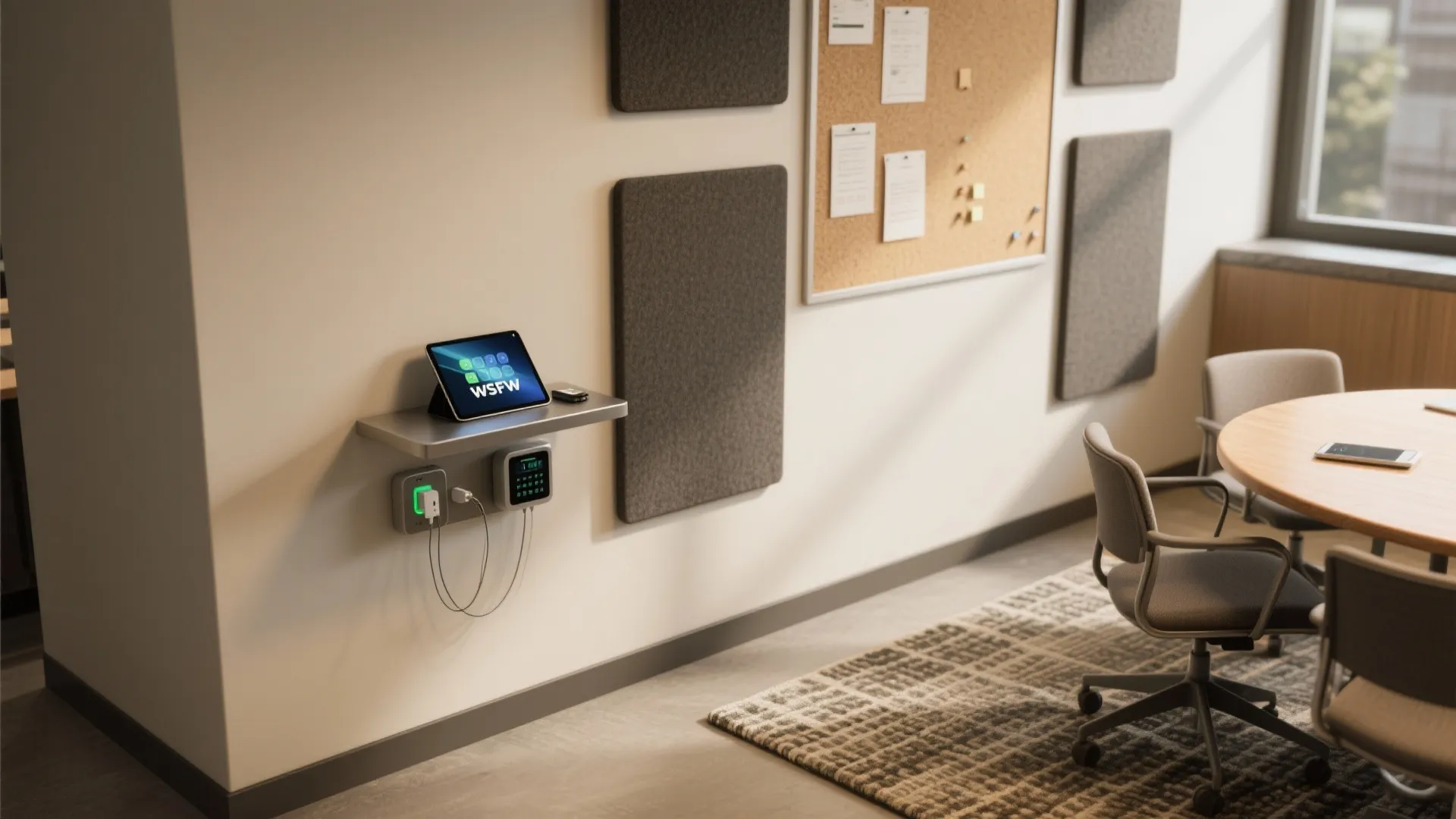 Office wall with grey sound panels, tablet on shelf, power outlets, and a cork board