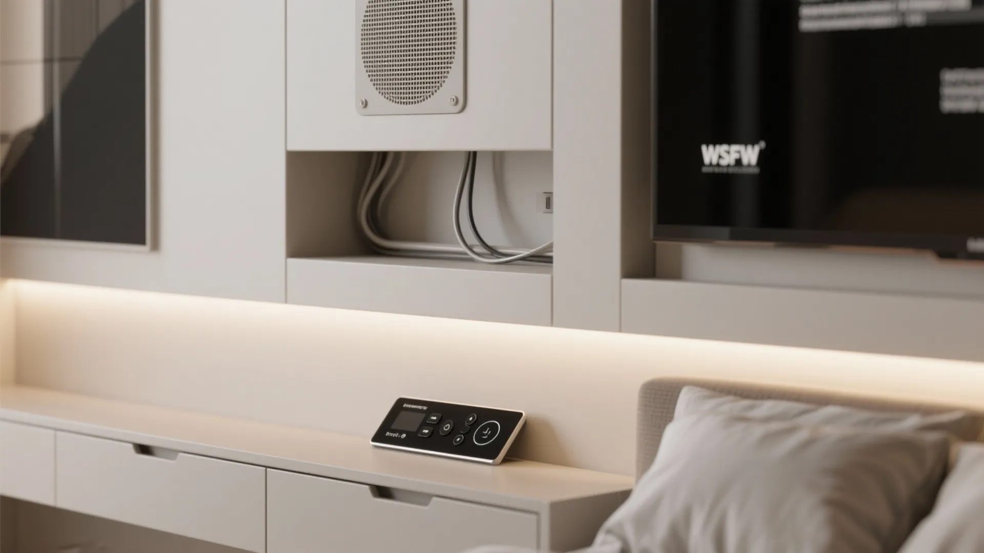 Close-up of concealed AV elements: ceiling speaker, recessed TV, and centralized control panel.