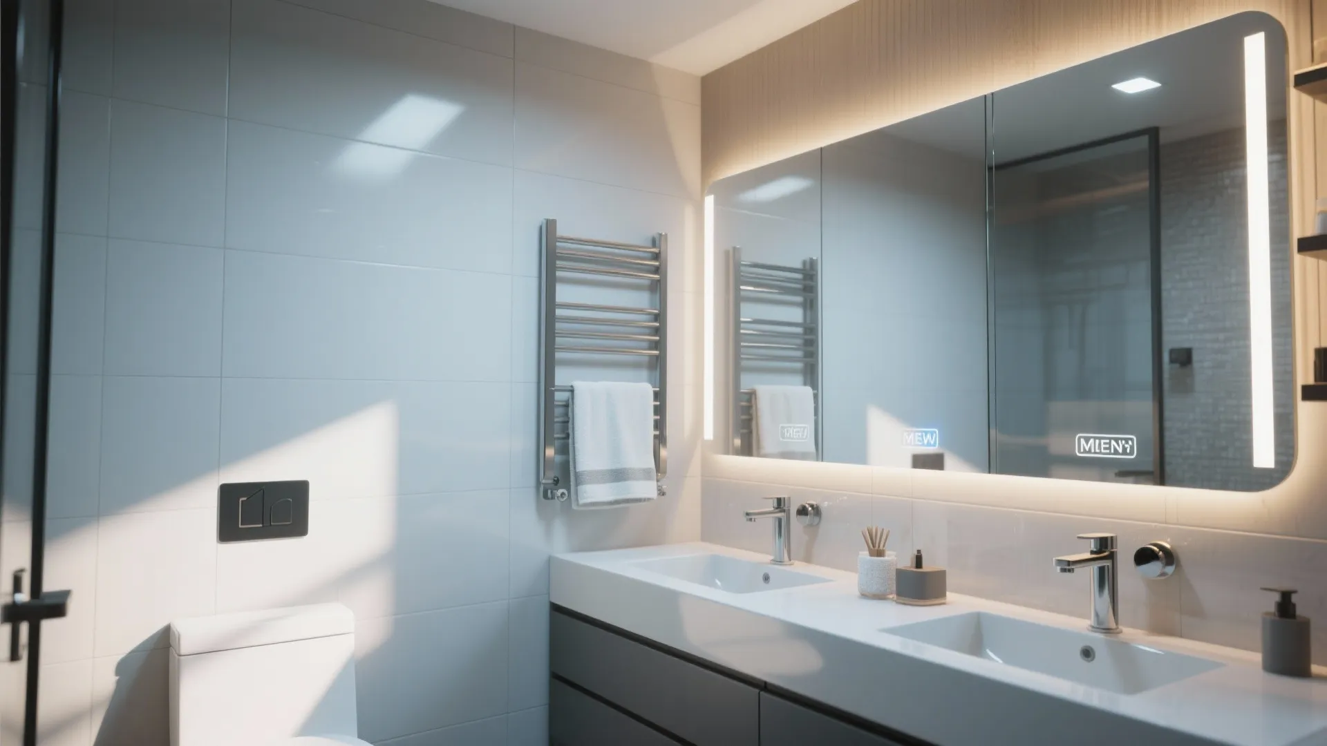 Modern white bathroom with double sink vanity large lighted mirror towel warmer and grey drawers