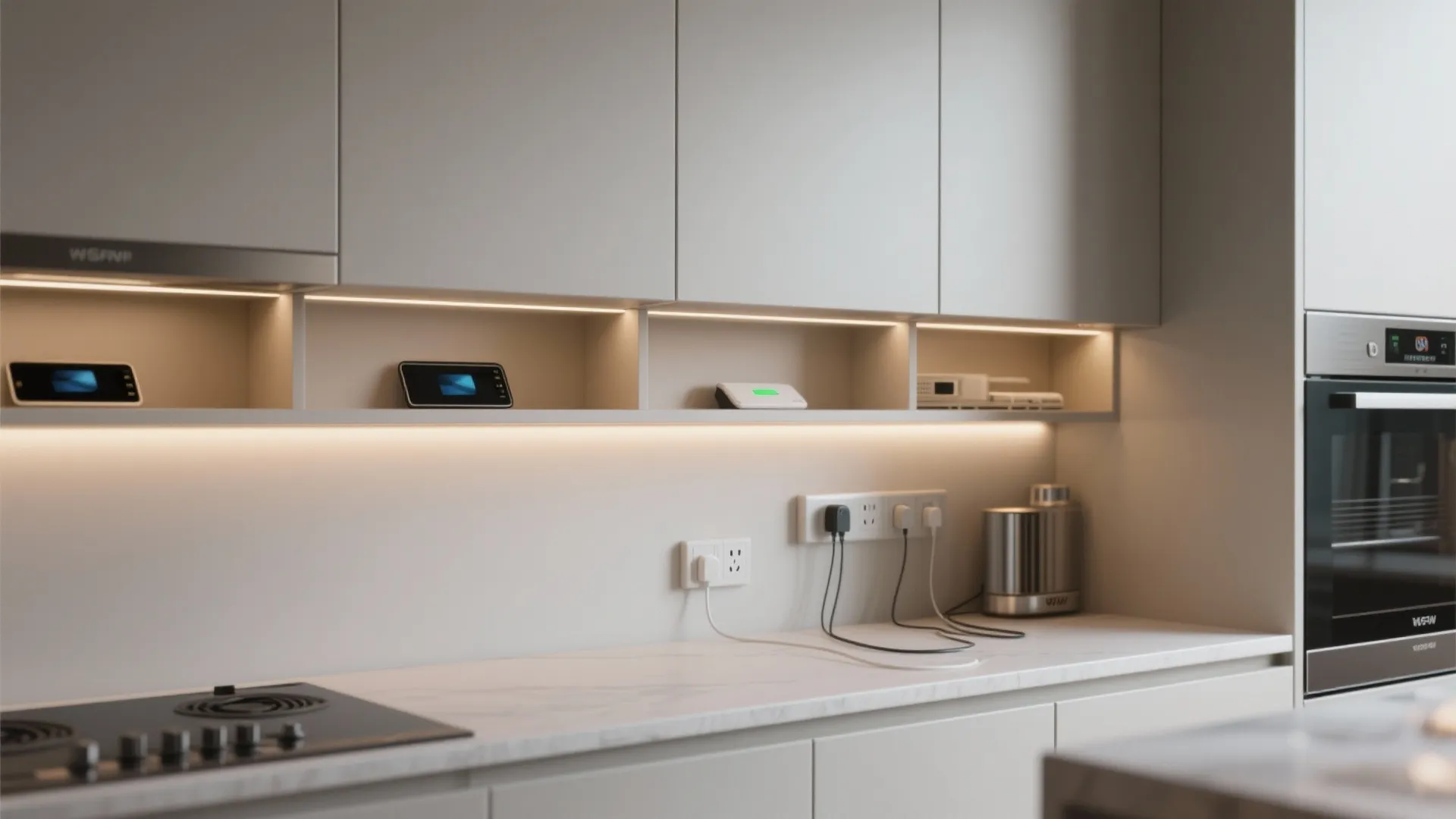 Modern white kitchen cabinet with integrated light strips power outlets and small electronic devices inside