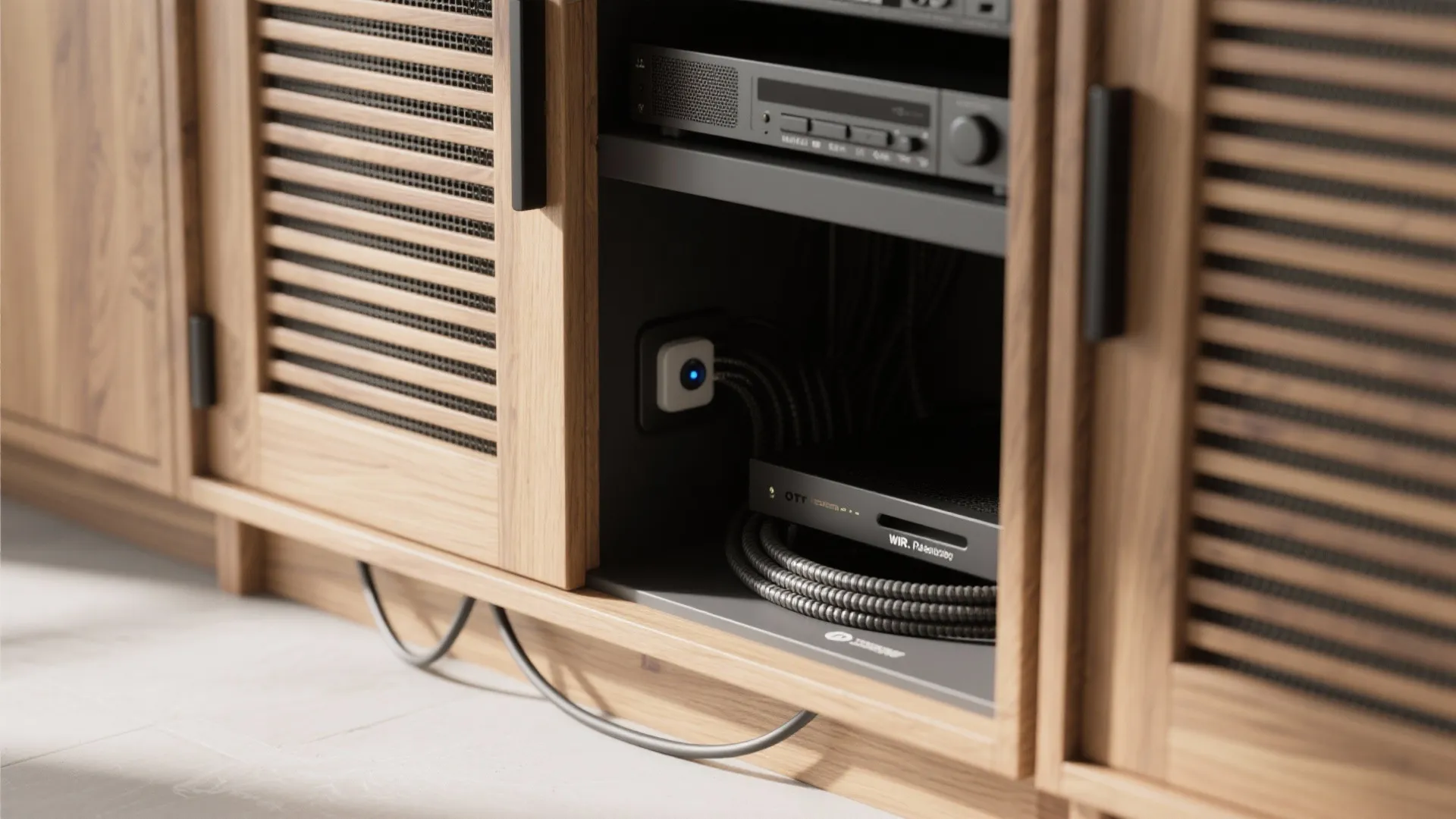 Wooden cabinet with slatted doors showing electronic devices and black cables inside an open shelf