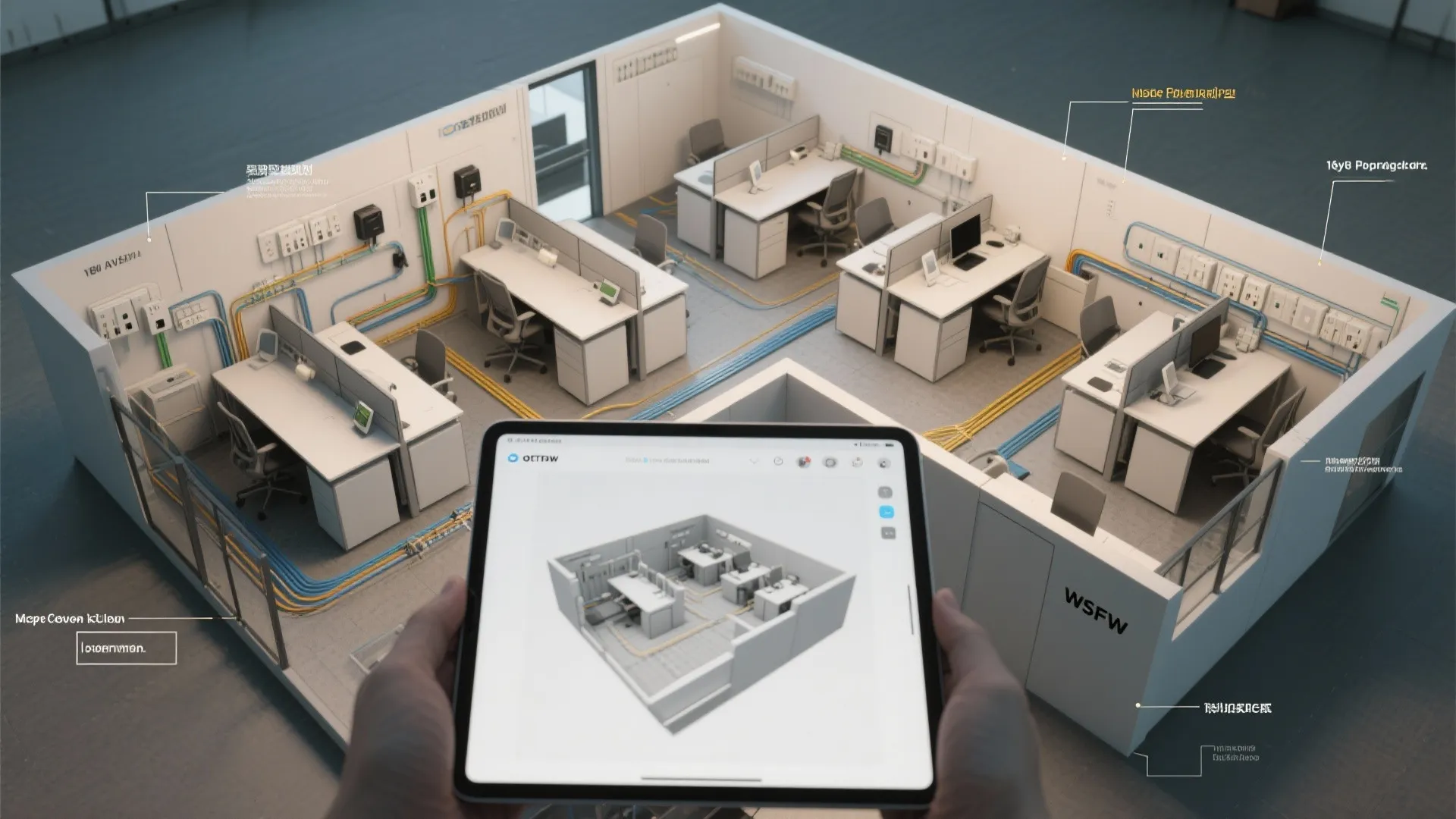 Top-down view of an office layout prototype with mapped power, network outlets, cable trays and a tablet showing a 3D mockup.