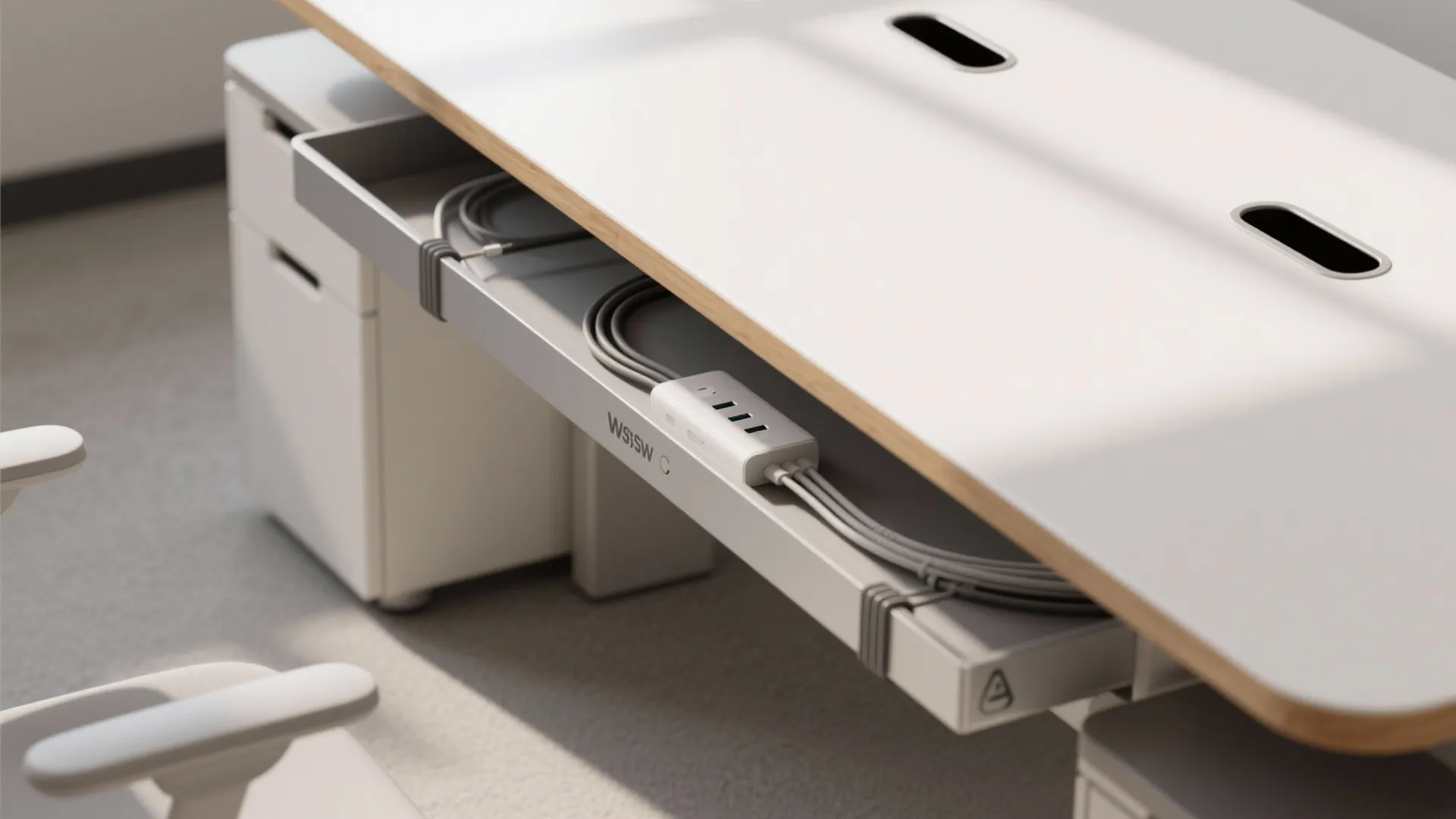 Office desk with cable management tray holding grey power cords and white power strip under table