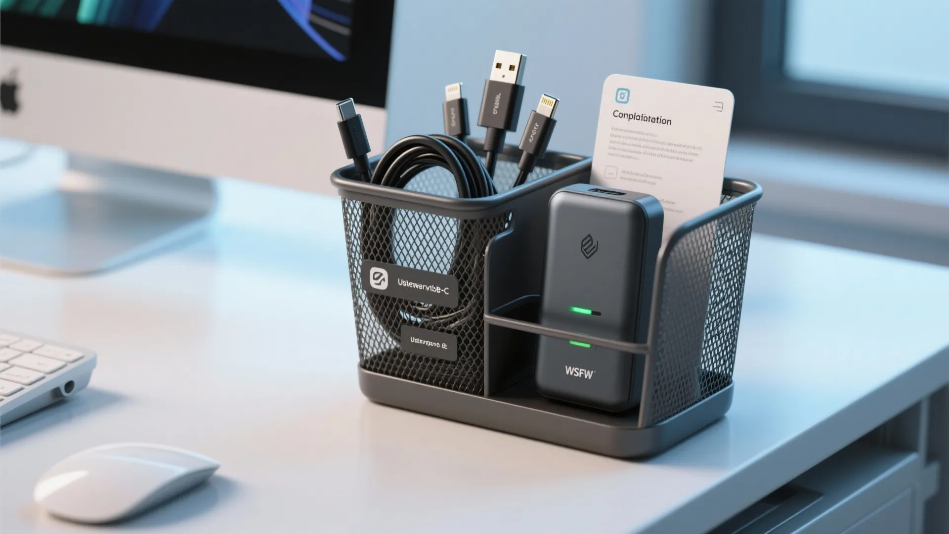 Black mesh desk organizer holding various charging cables and a portable power bank on a desk