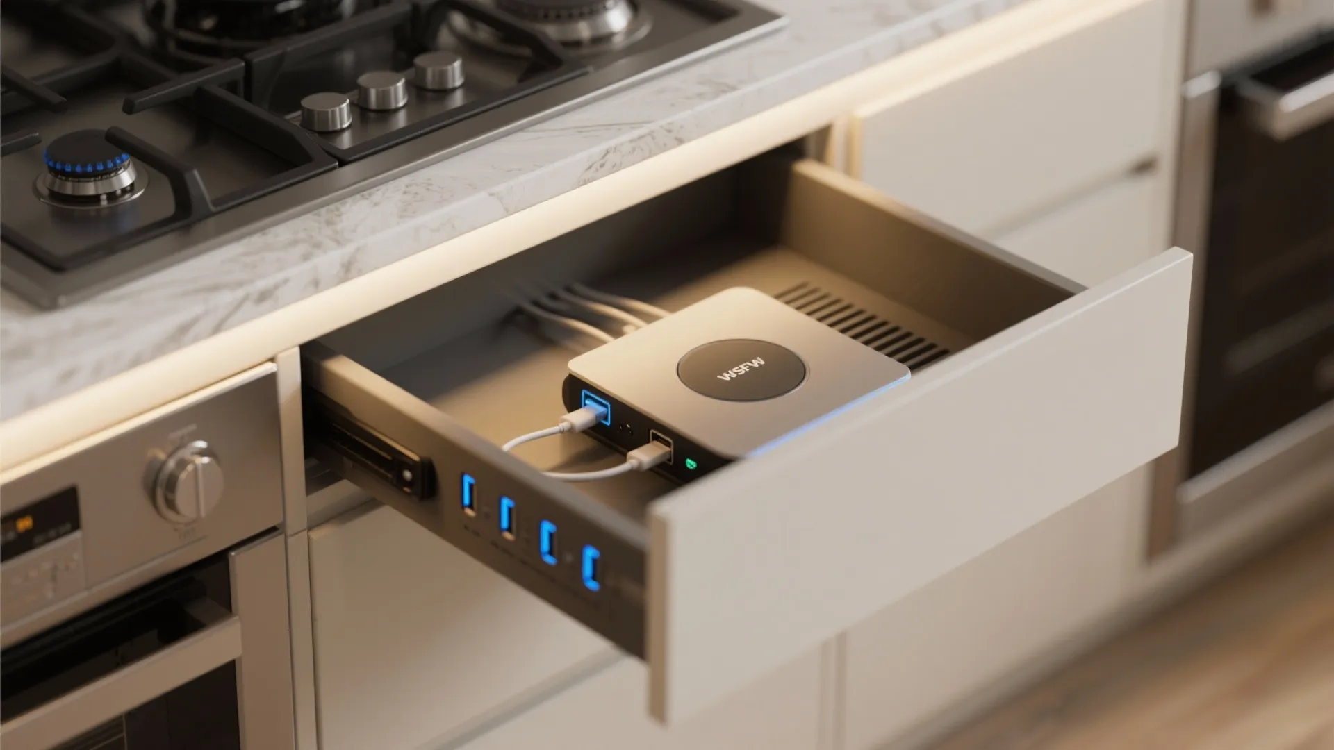 5. Intentional tech: charging drawer + hidden connectivity