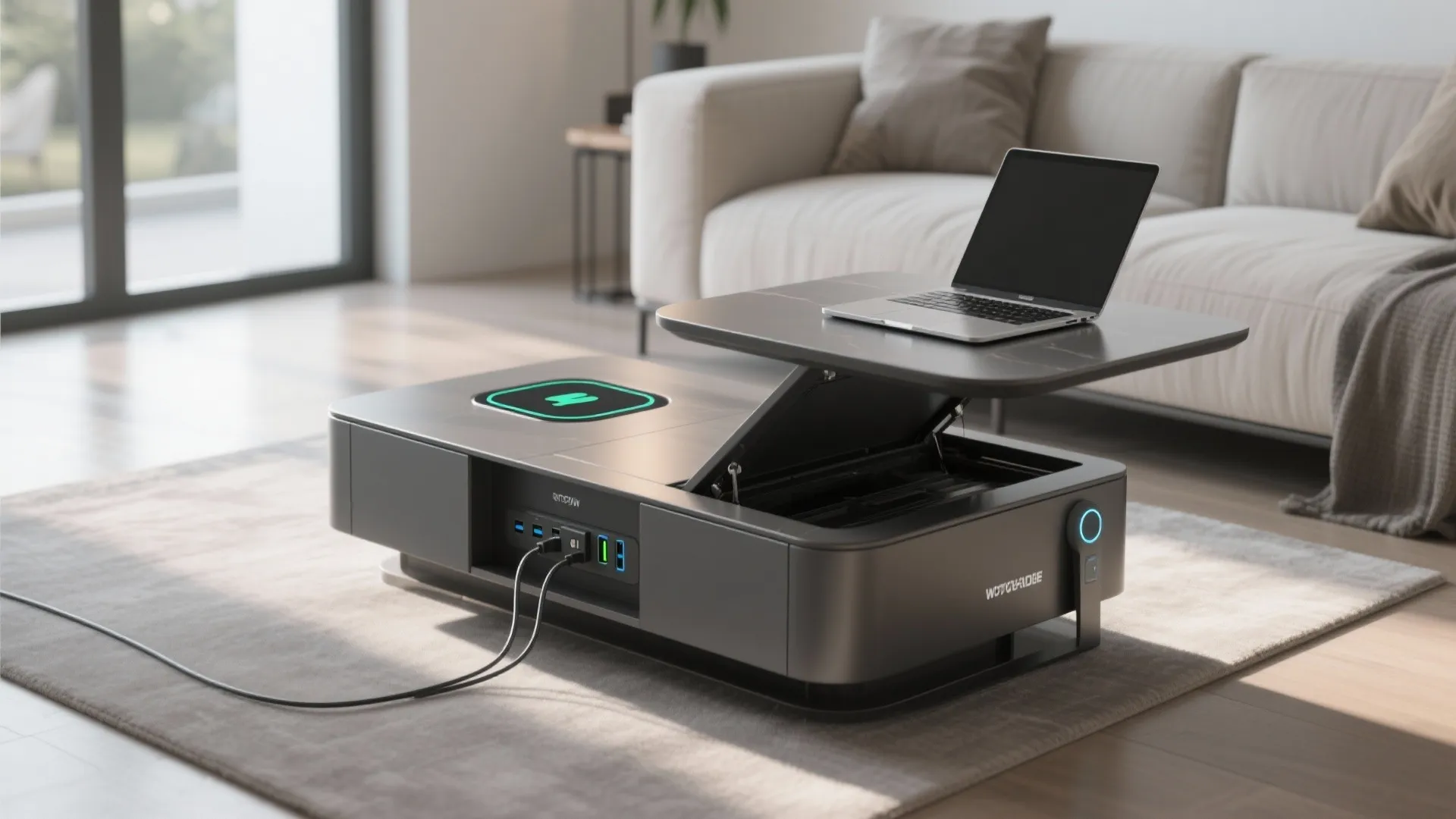 Modern coffee table with lift top holding laptop and showing integrated usb power charging ports