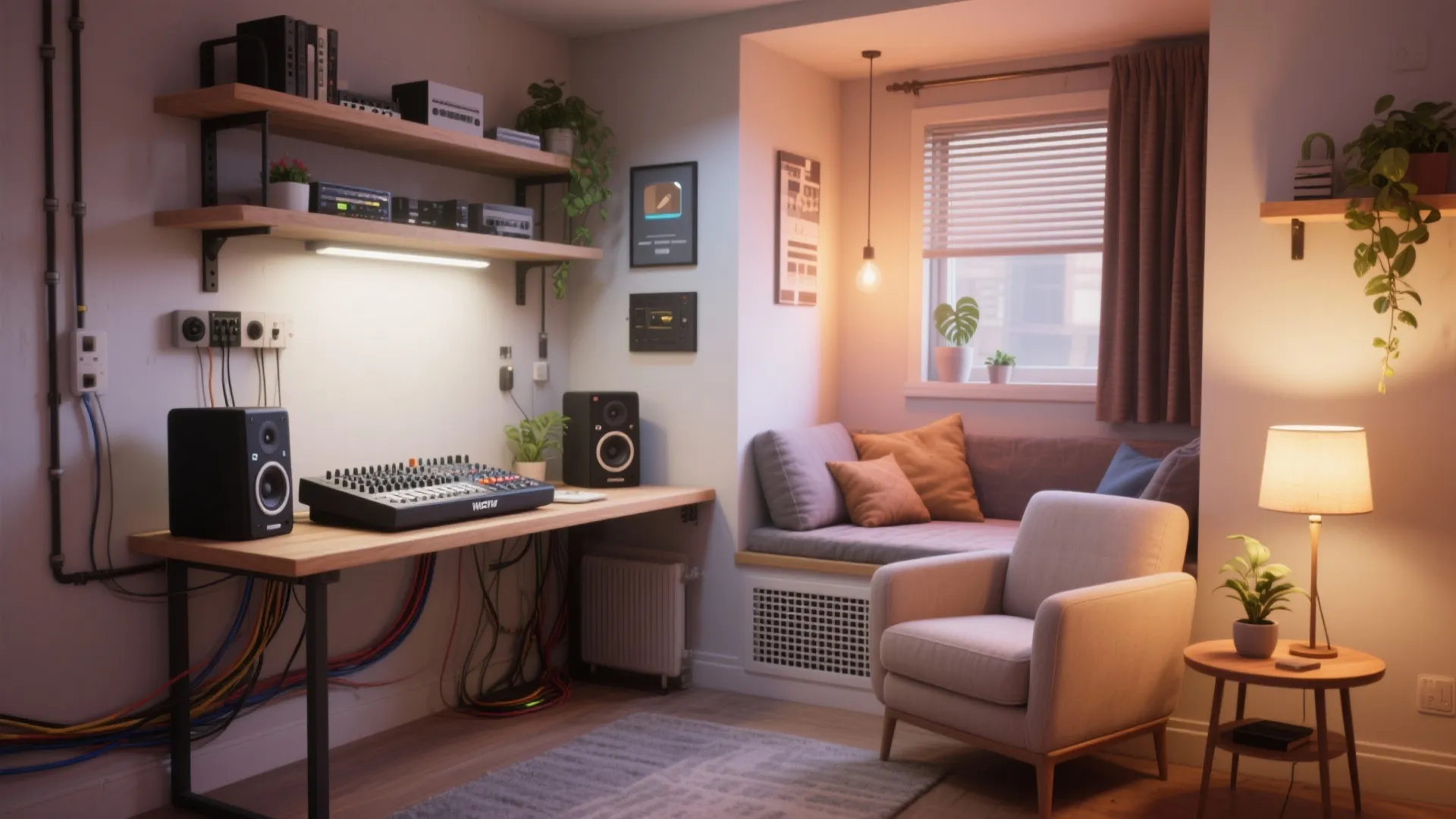 Home music studio nook featuring a desk with speakers, an armchair, and a window seat