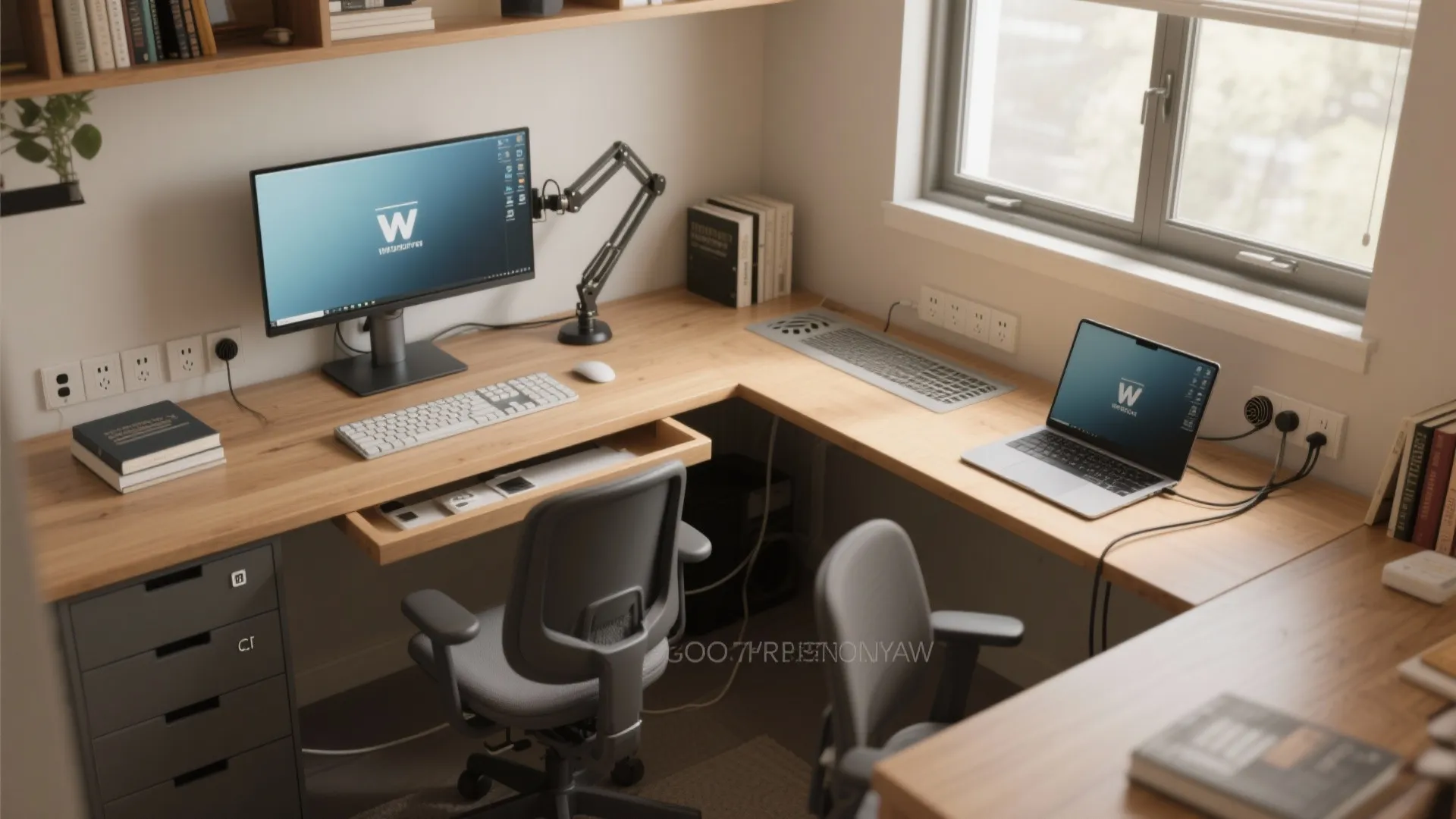 L-shaped desk with accessible power, cable management, and quiet ventilation in a compact study room.