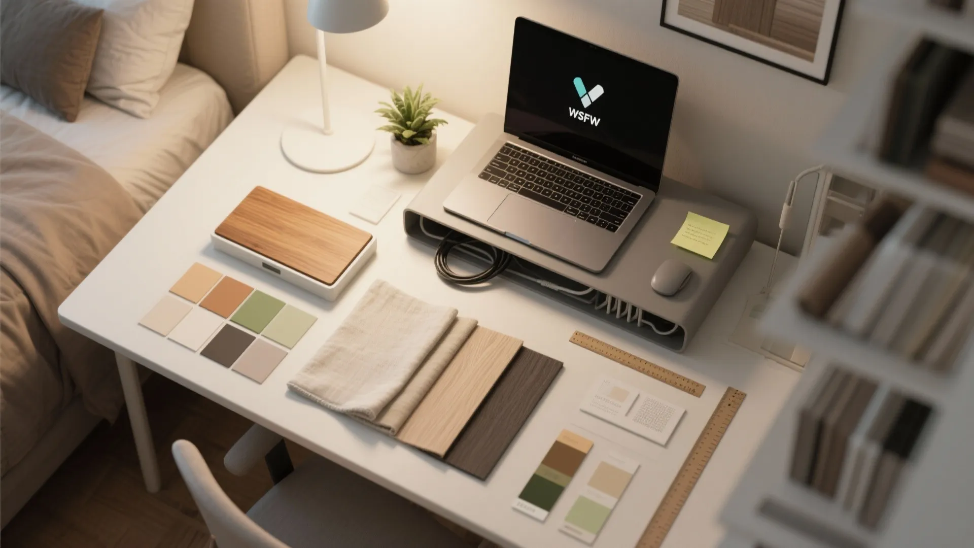 Modern white desk with laptop and wood samples and color cards and a small plant