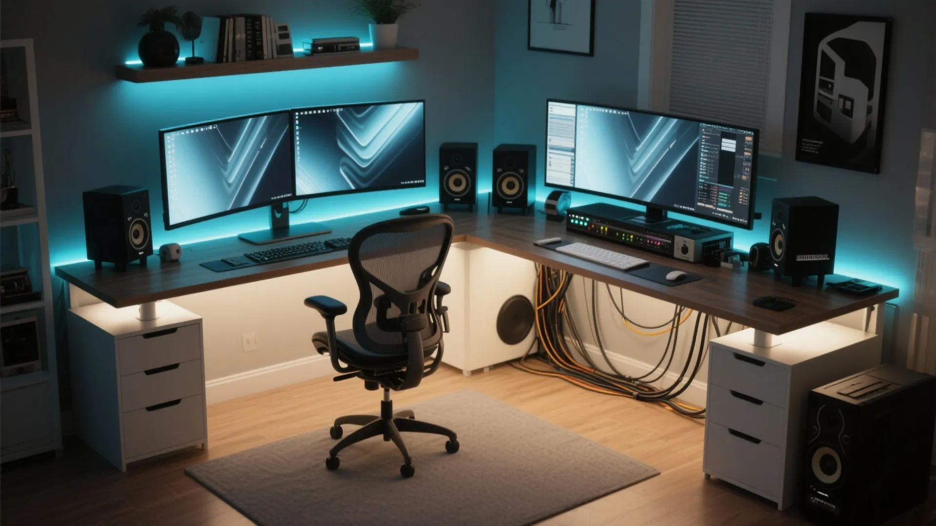 L-shaped desk with multiple monitors and audio gear