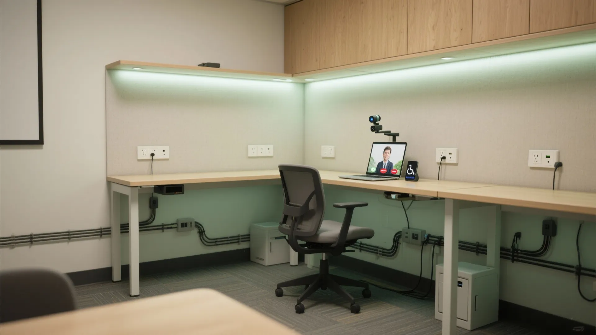 Office tech corner with wooden desk grey chair laptop for video calls and green light