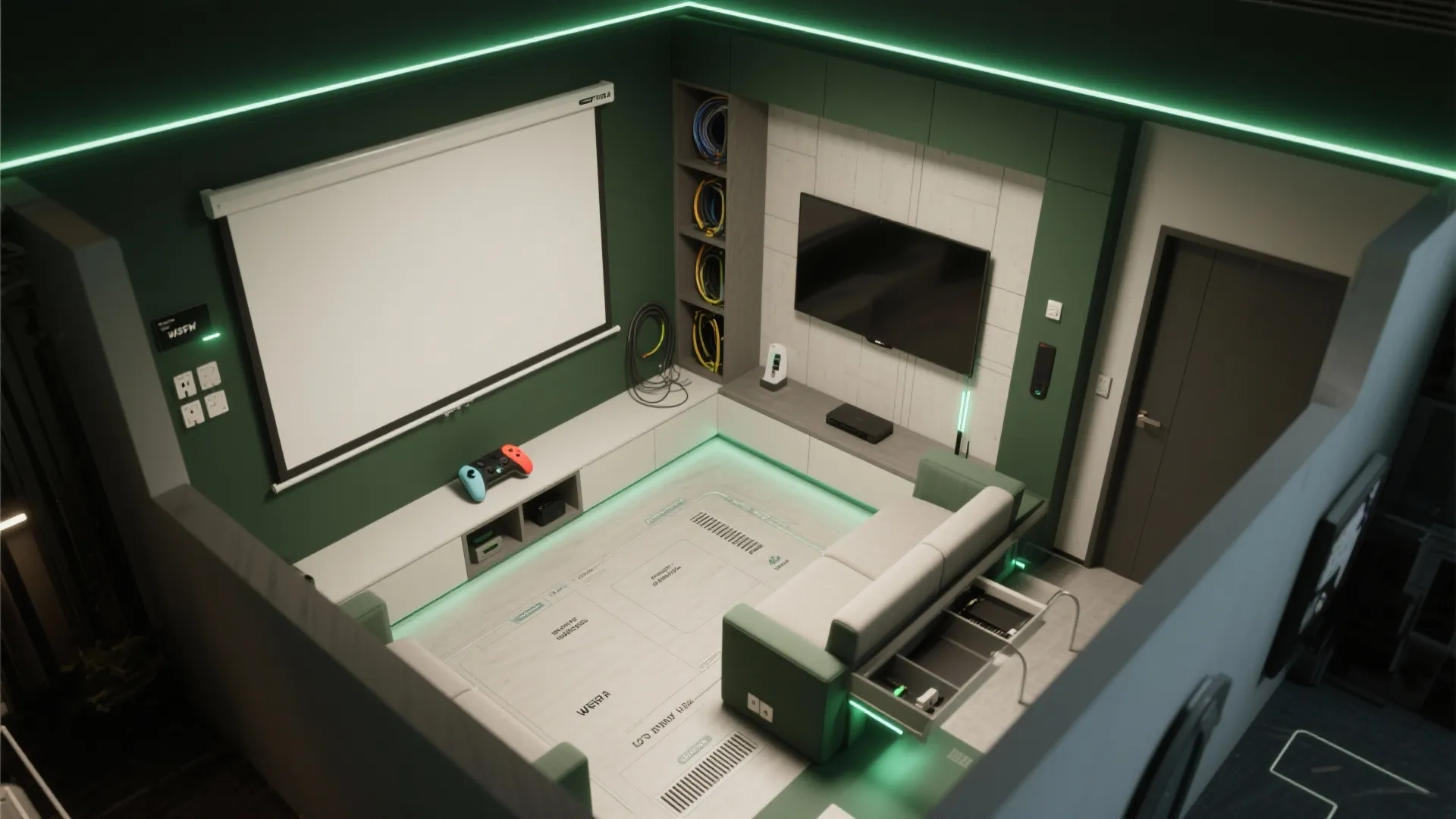 5. Tech corner: projector, console nook, and modular seating