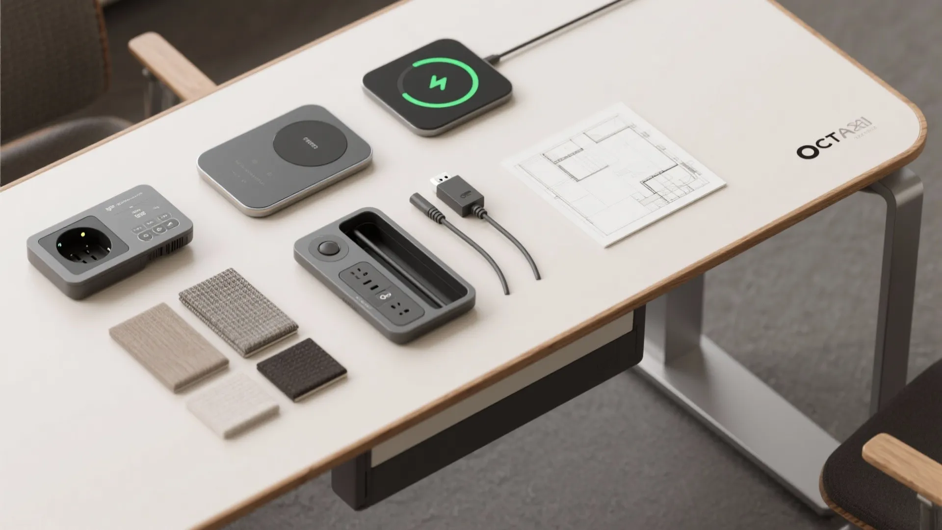 Modern white office desk with wireless chargers power outlets charging cables fabric samples and plans