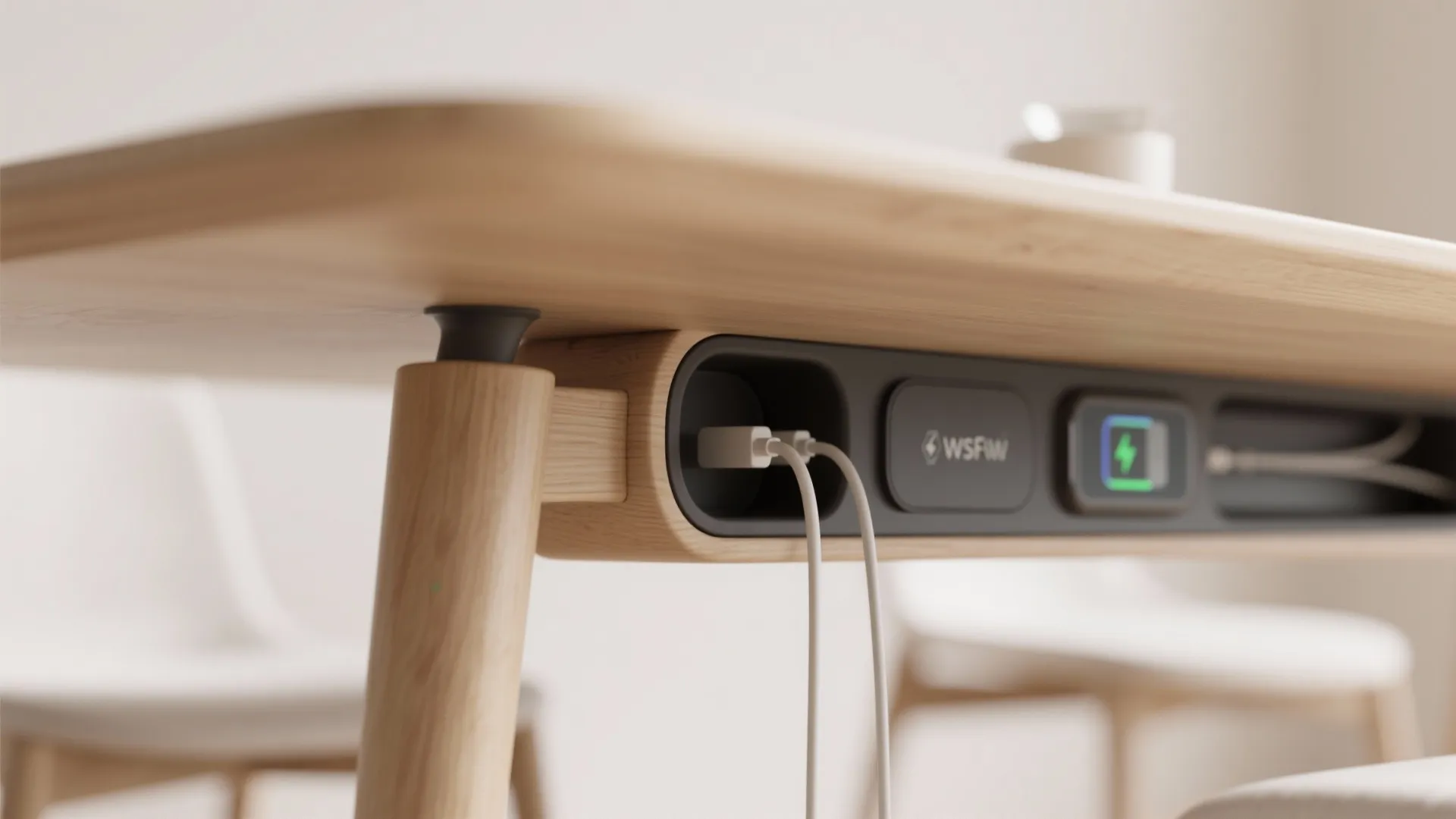 Close up of wooden table with built in charging ports and cables for smart office design