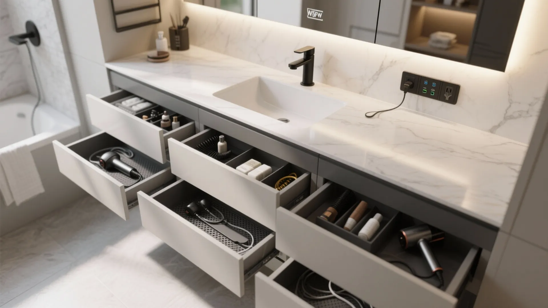 Tech-Ready Vanity: Power Dock, Drawer Organizers, and LED Mirror