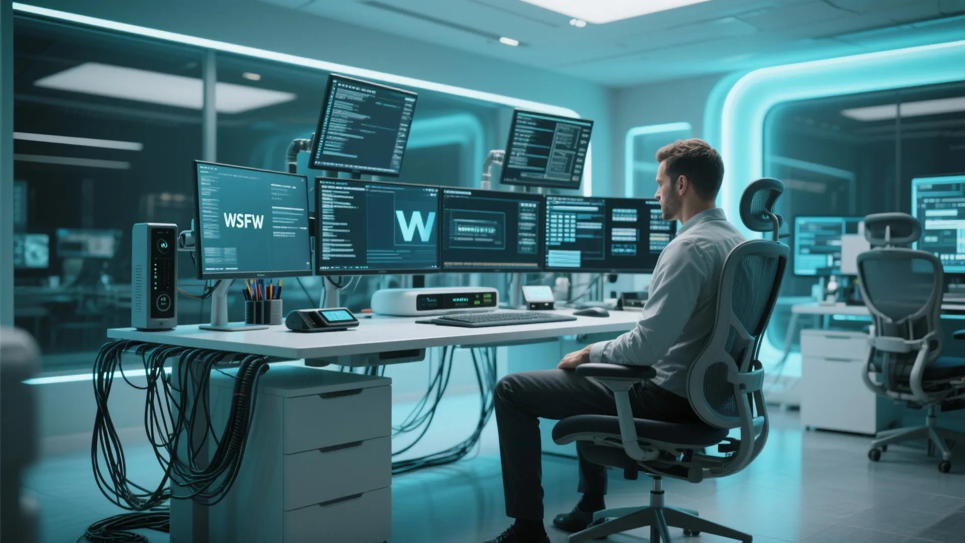Tech office with man at white desk using multiple monitors and ergonomic chair with blue light