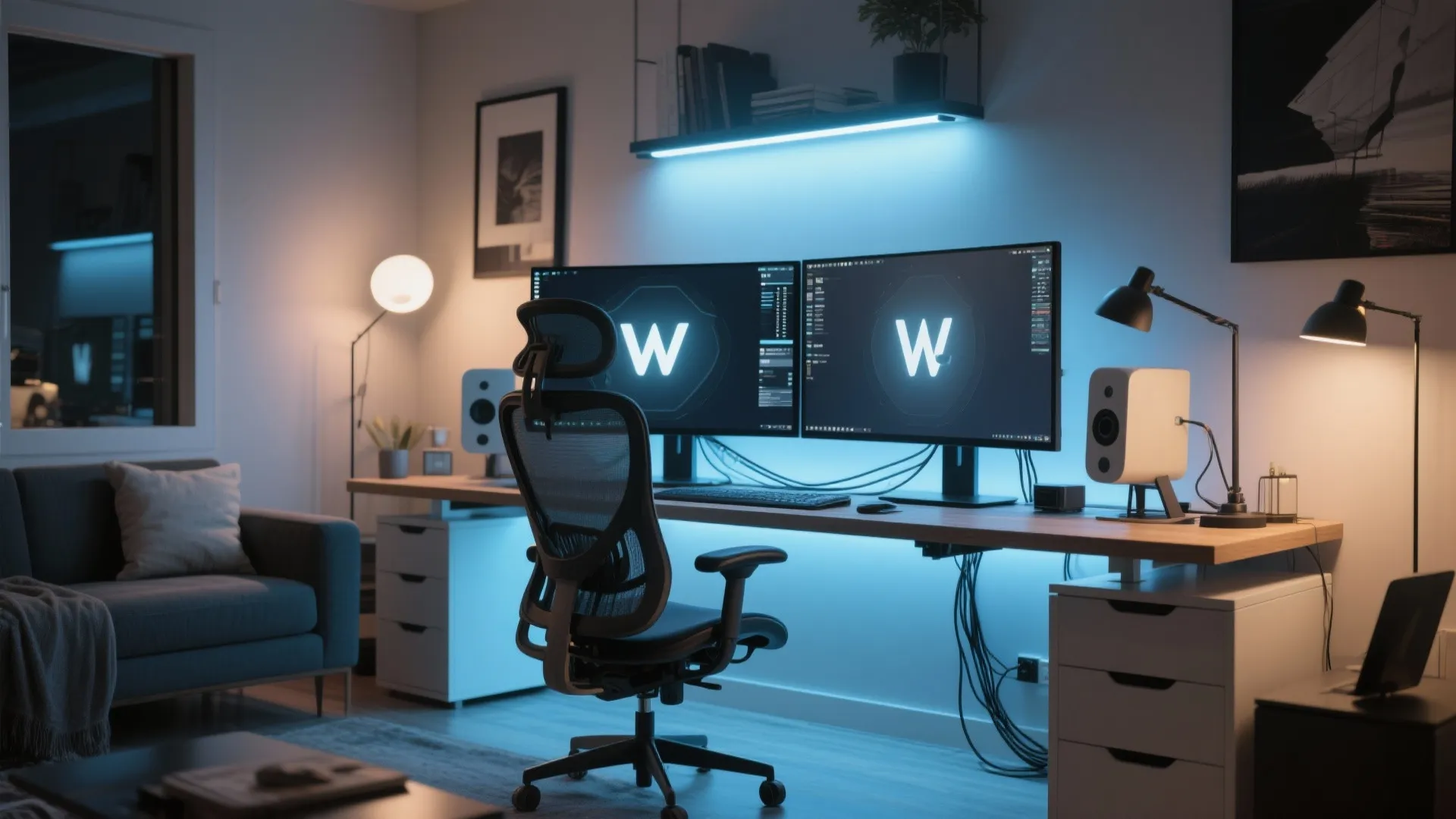 Modern home office featuring dual monitors blue light strip ergonomic chair wooden desk and sofa