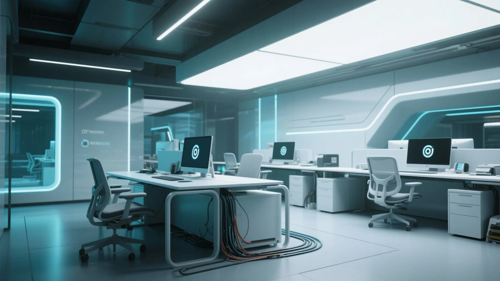 Modern futuristic office with white desks and blue light fixtures showing an open plan room layout