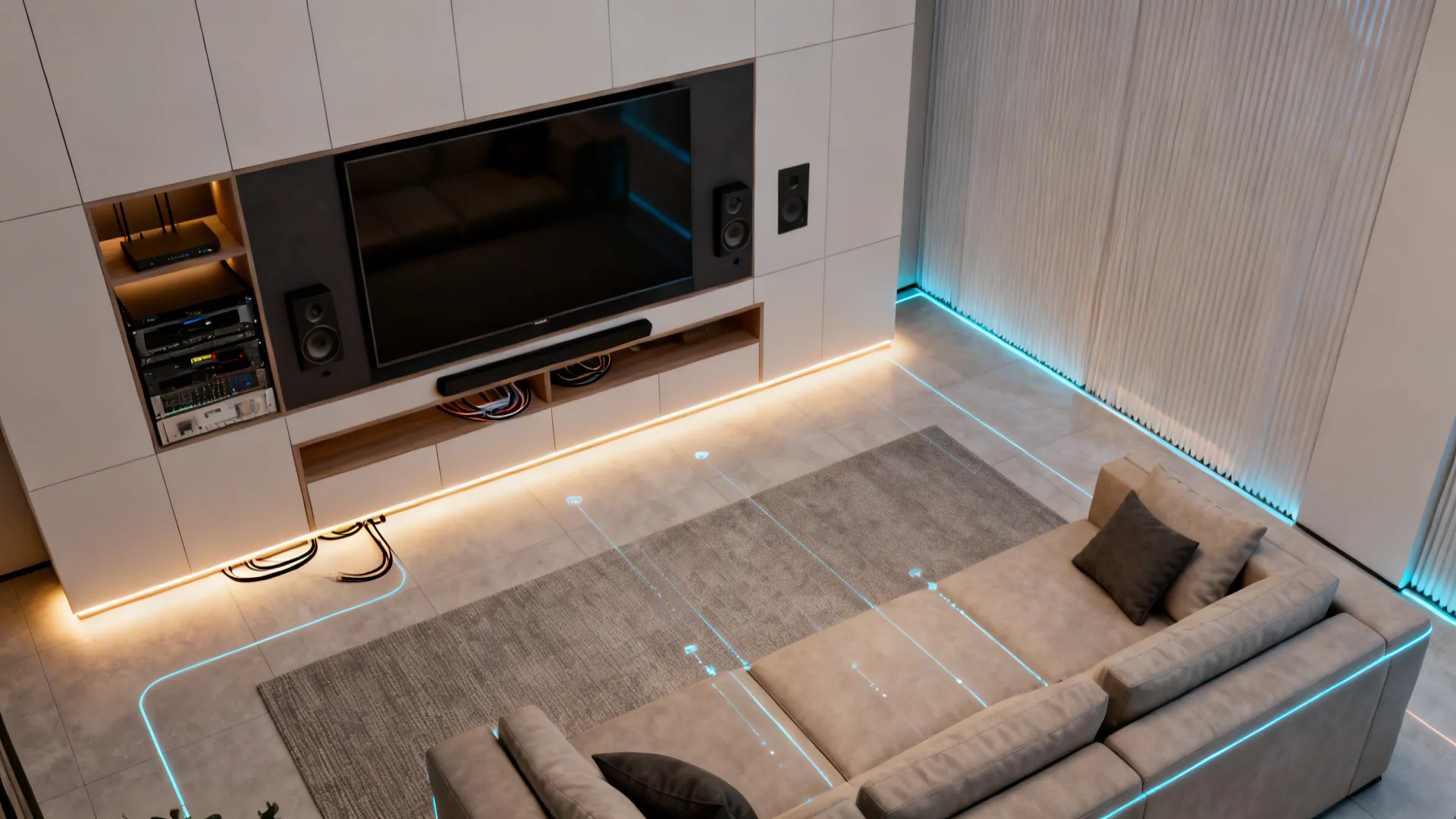 Top-down layout of tech-forward living room with integrated AV, hidden cables and smart lighting zones