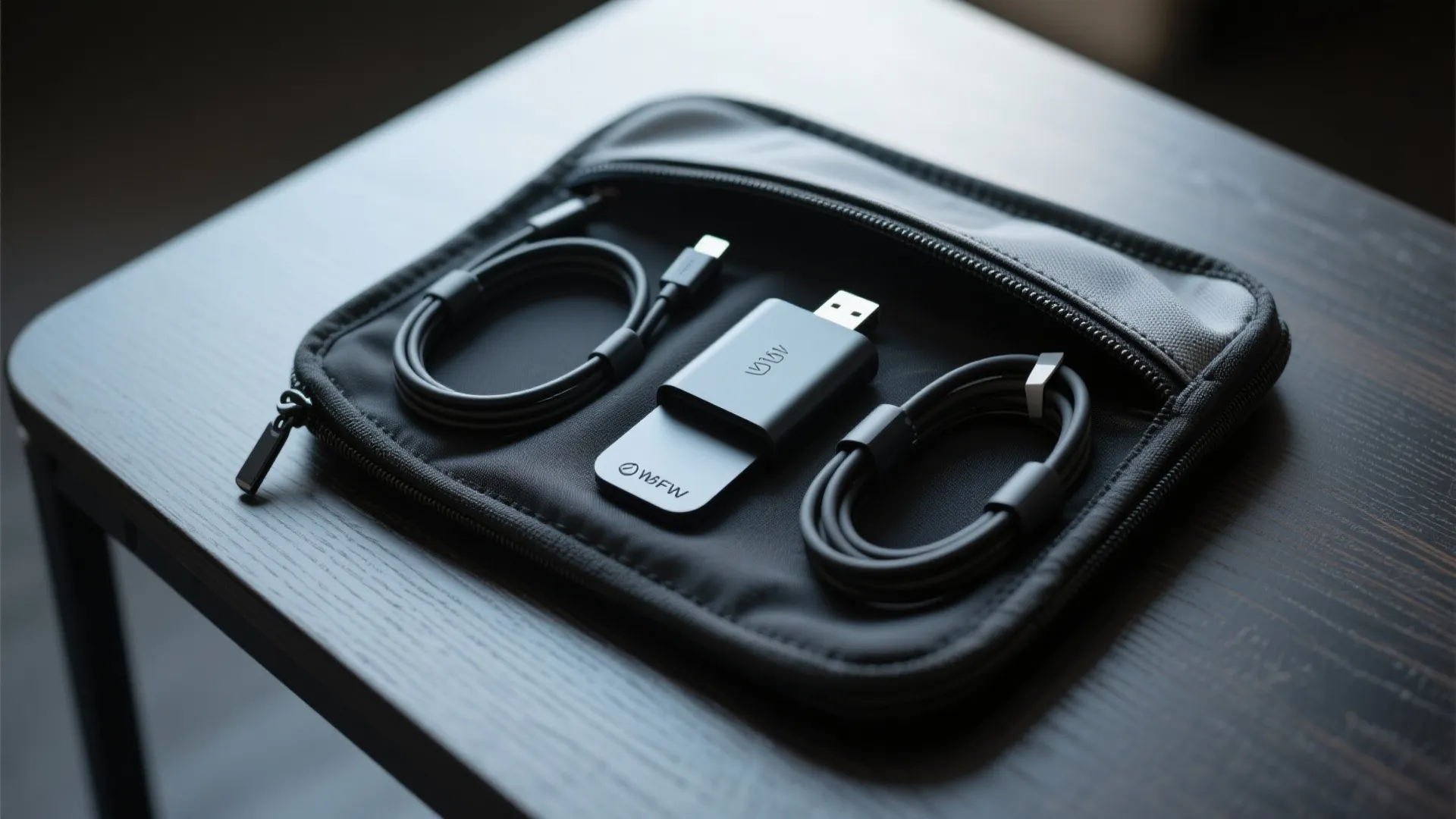 Black electronics organizer pouch on dark wood table holding usb drive and two charging cables