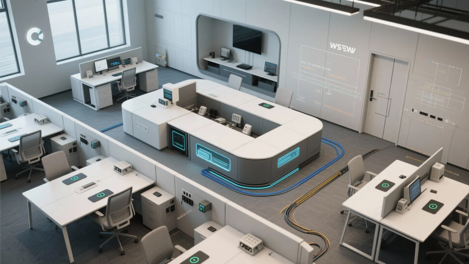 Modern office interior design drawing showing white desks, grey chairs, blue lights, and large windows