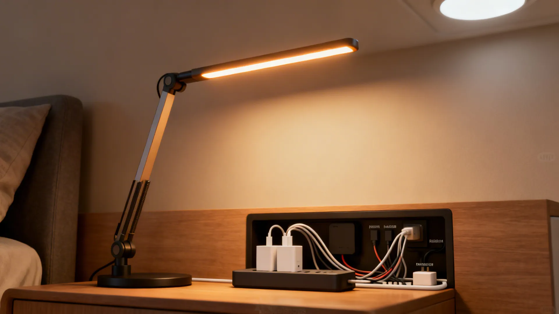 Desk light fixture on wooden nightstand beside wall power hub with multiple charging cables connected