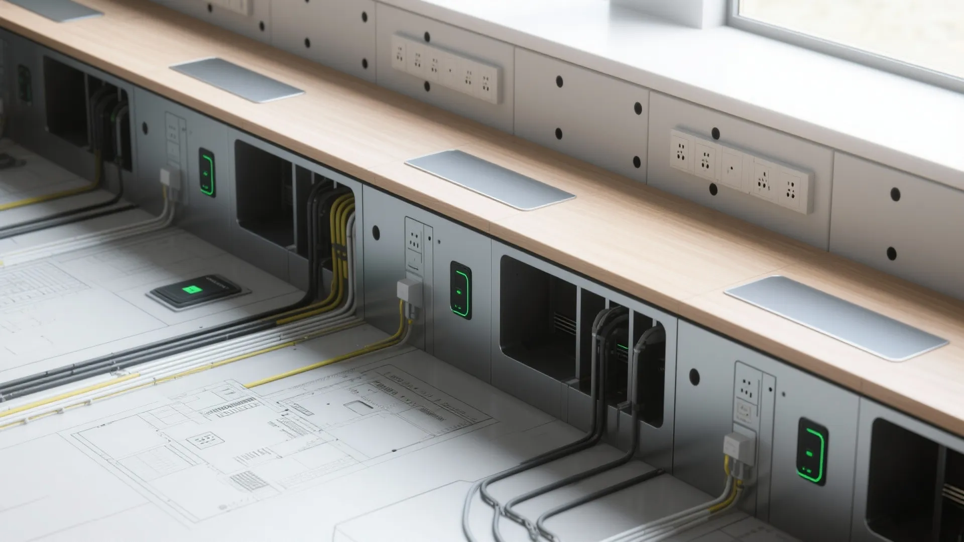 Modern office desk with built in power outlets cable management and detailed interior design drawing layout