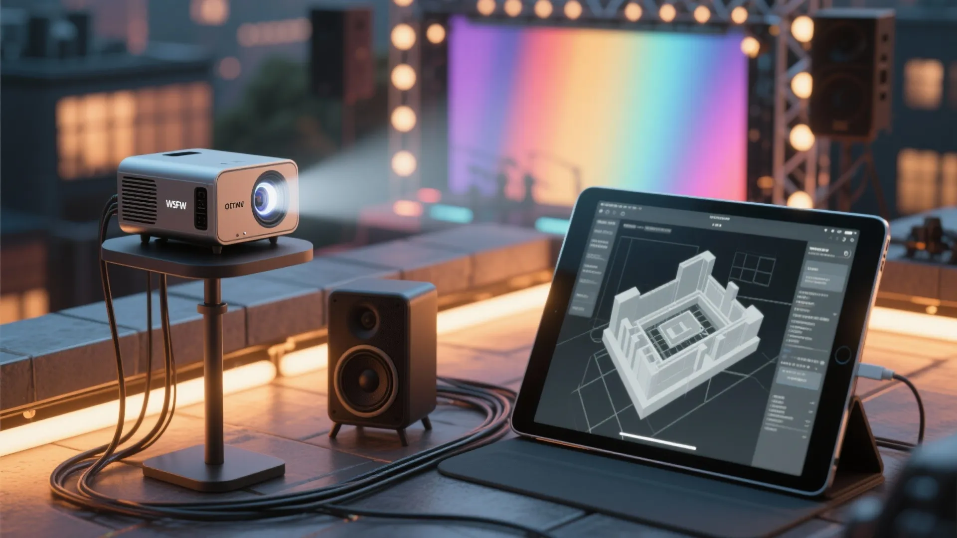 Compact projector and tablet showing a 3D interior design drawing on a city rooftop terrace