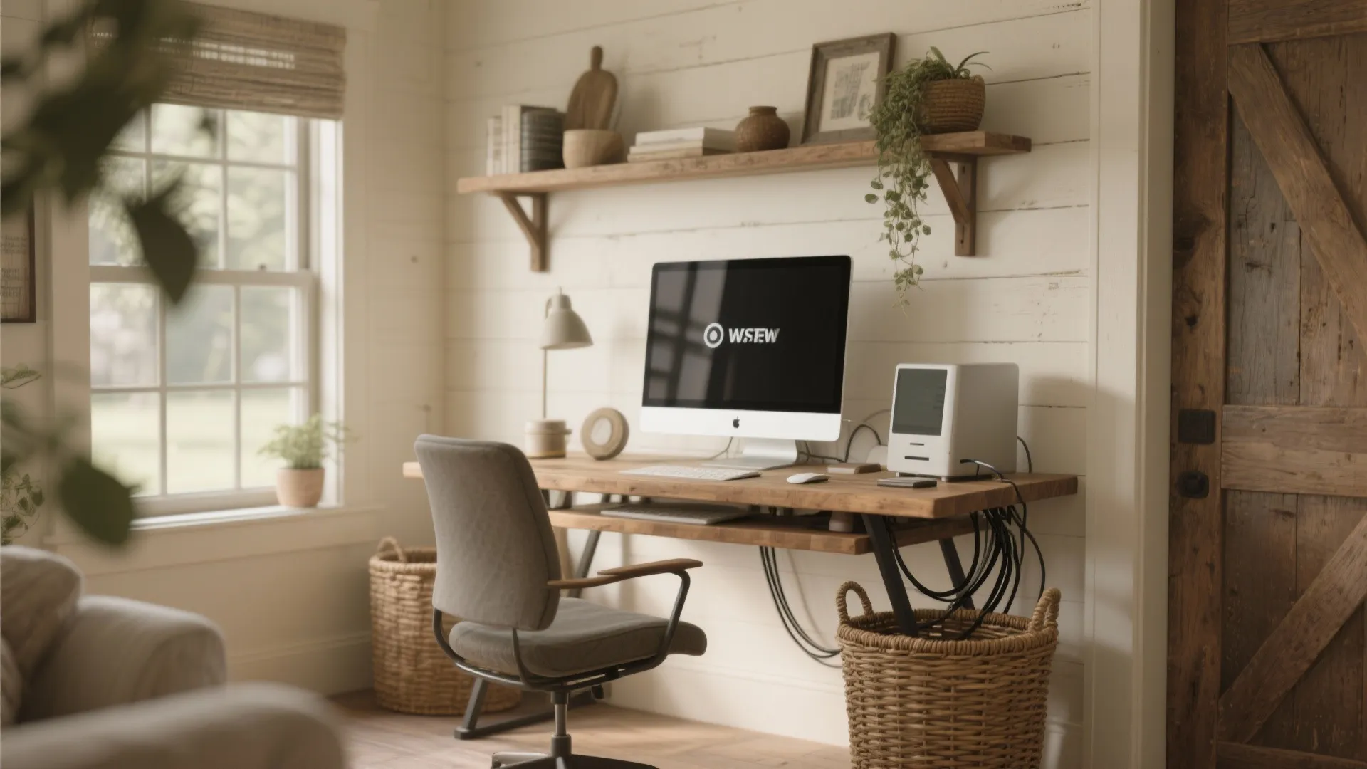 Modern computer on wood desk in farmhouse office with wall shelves wicker baskets and wooden door