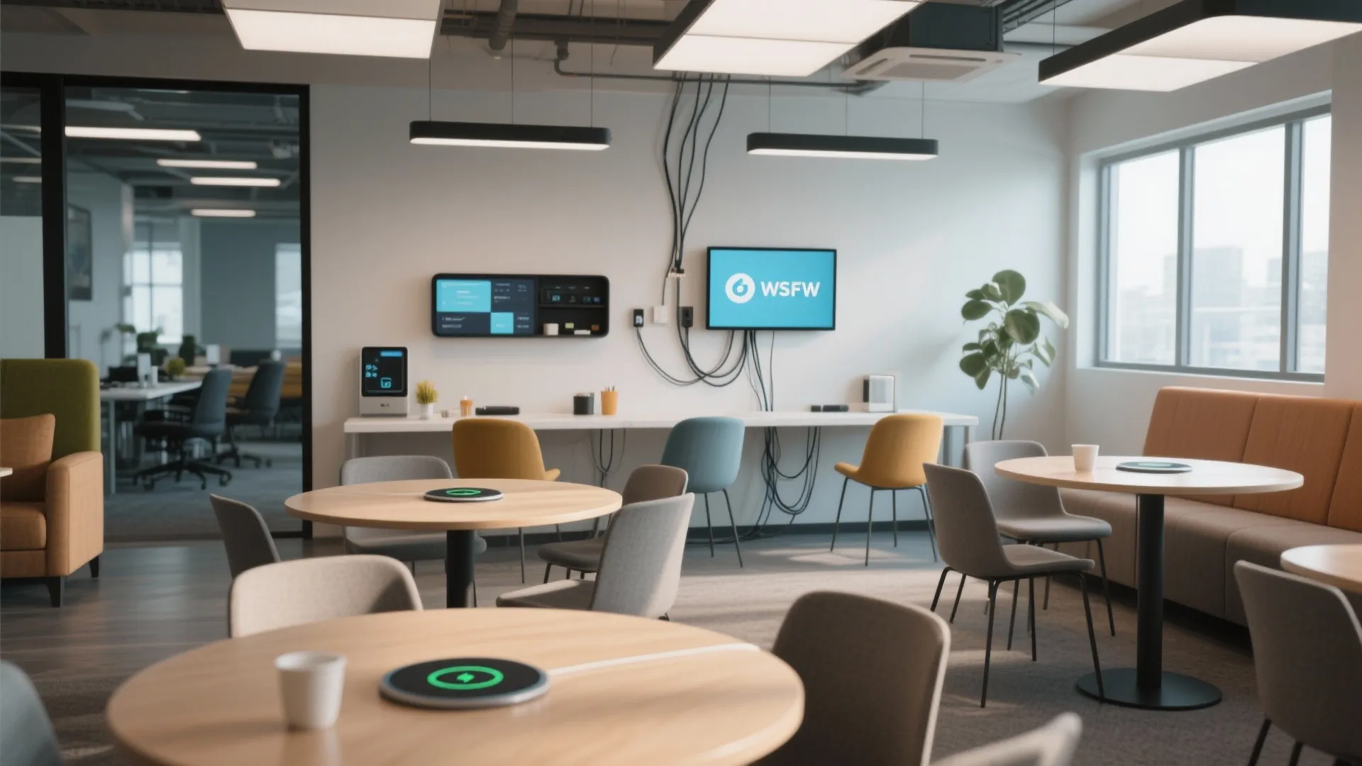 Modern office breakroom featuring round wooden tables with wireless charging pads and colorful seating chairs