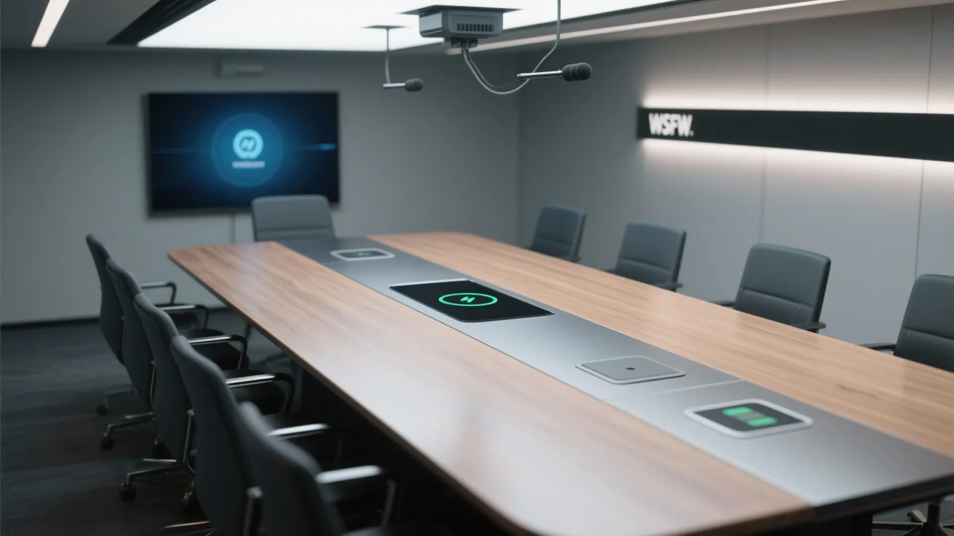 Modern conference room featuring large wooden table, black chairs, wall screen, and ceiling light microphones