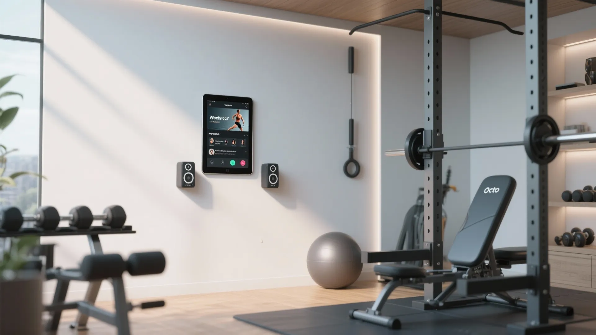 Smart home gym with wall mounted tablet speakers weight bench lifting rack and natural light
