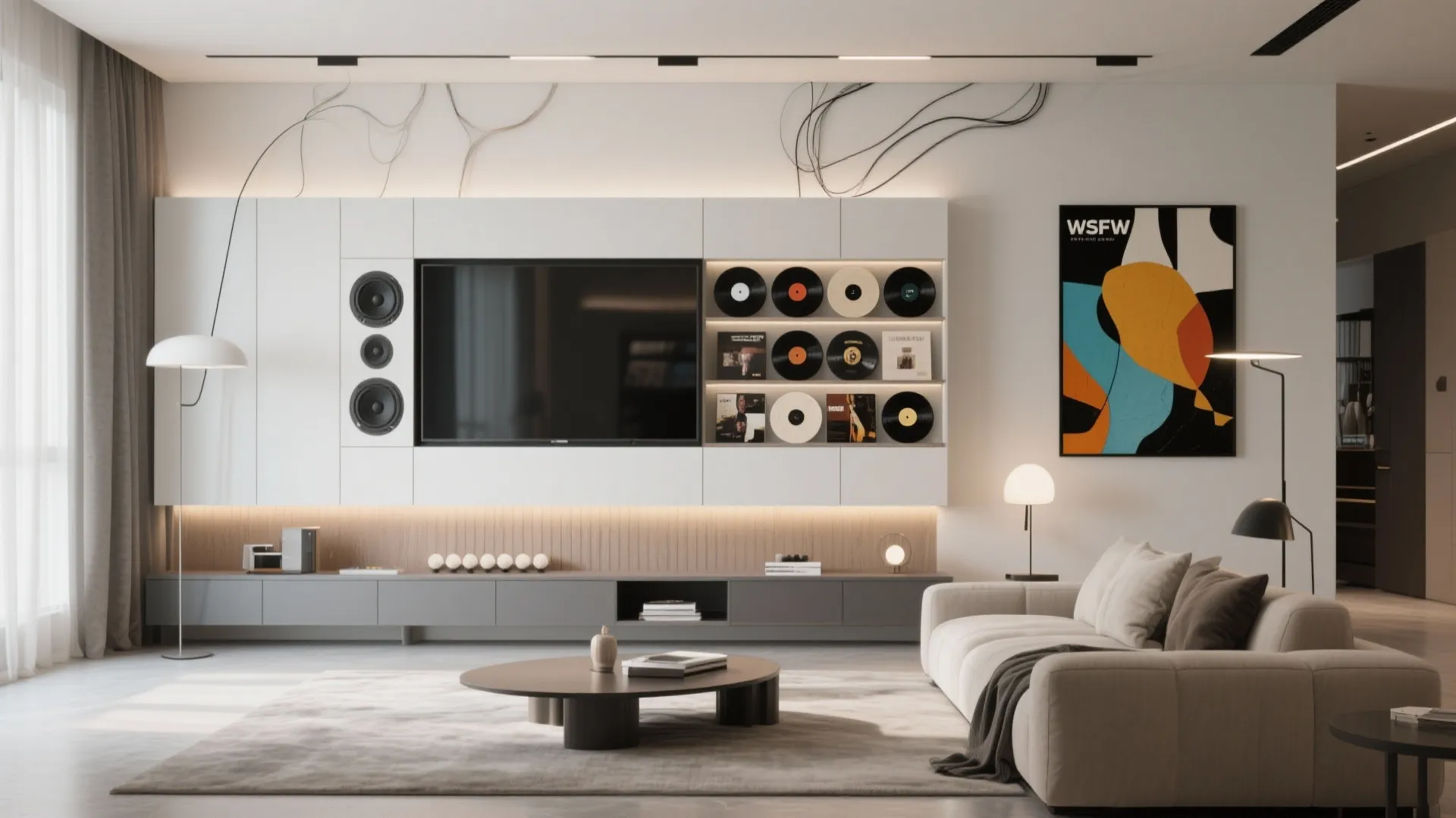 Modern living room with wall mounted television speakers record collection cream sofa and round coffee table