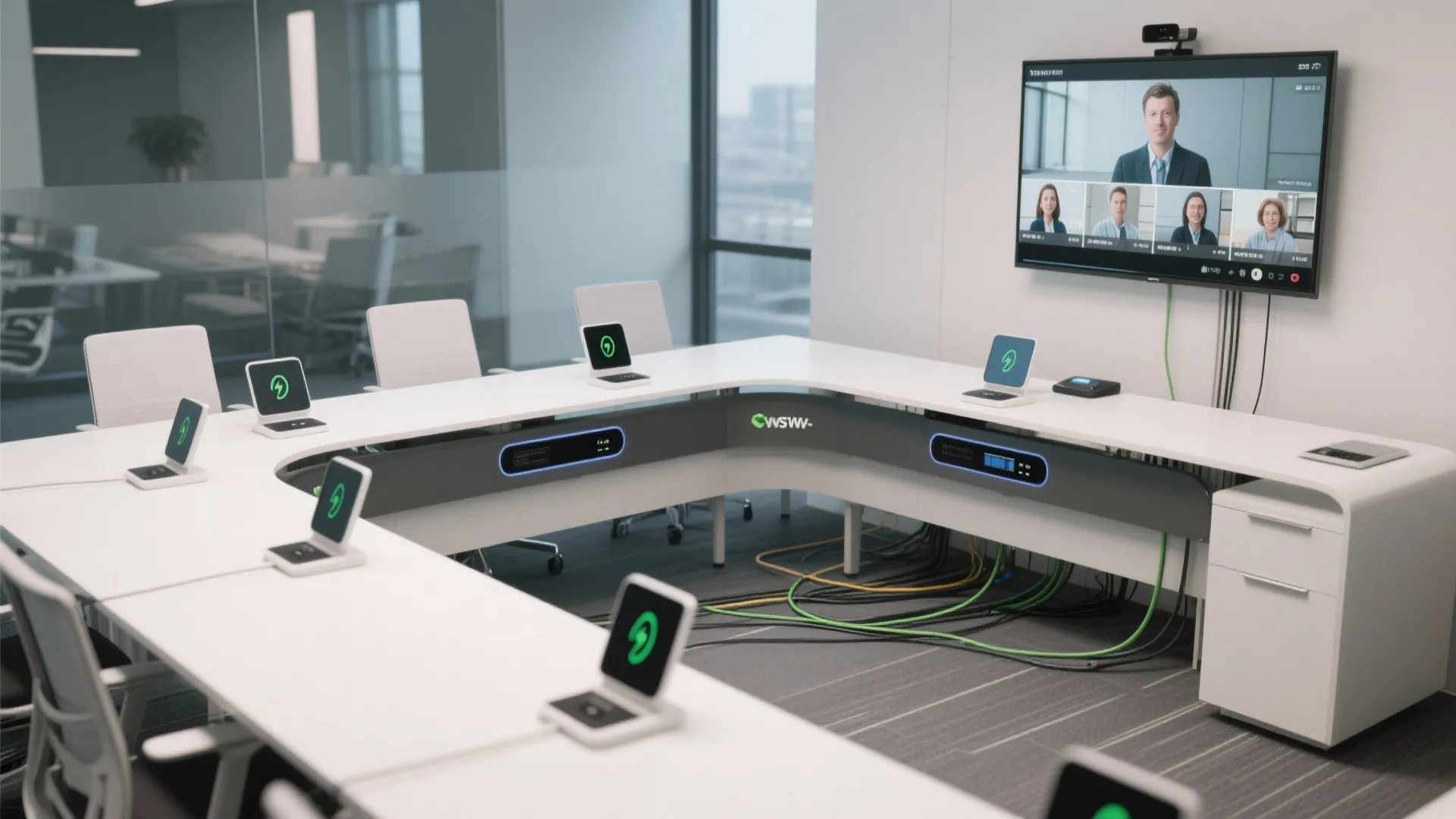 Modern conference room featuring white table small screens and large wall monitor for video calls