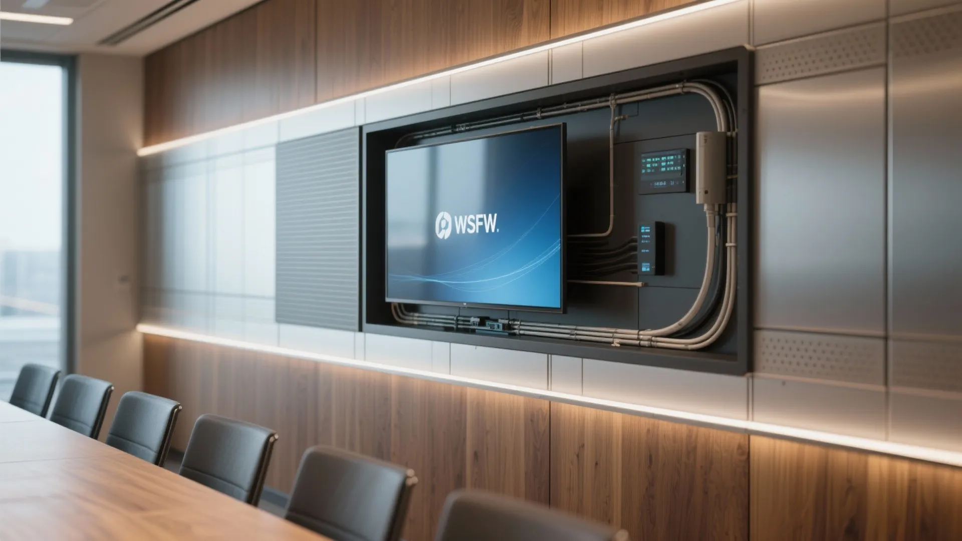 Detail of a tech-integrated meeting room with built-in screen and concealed cables