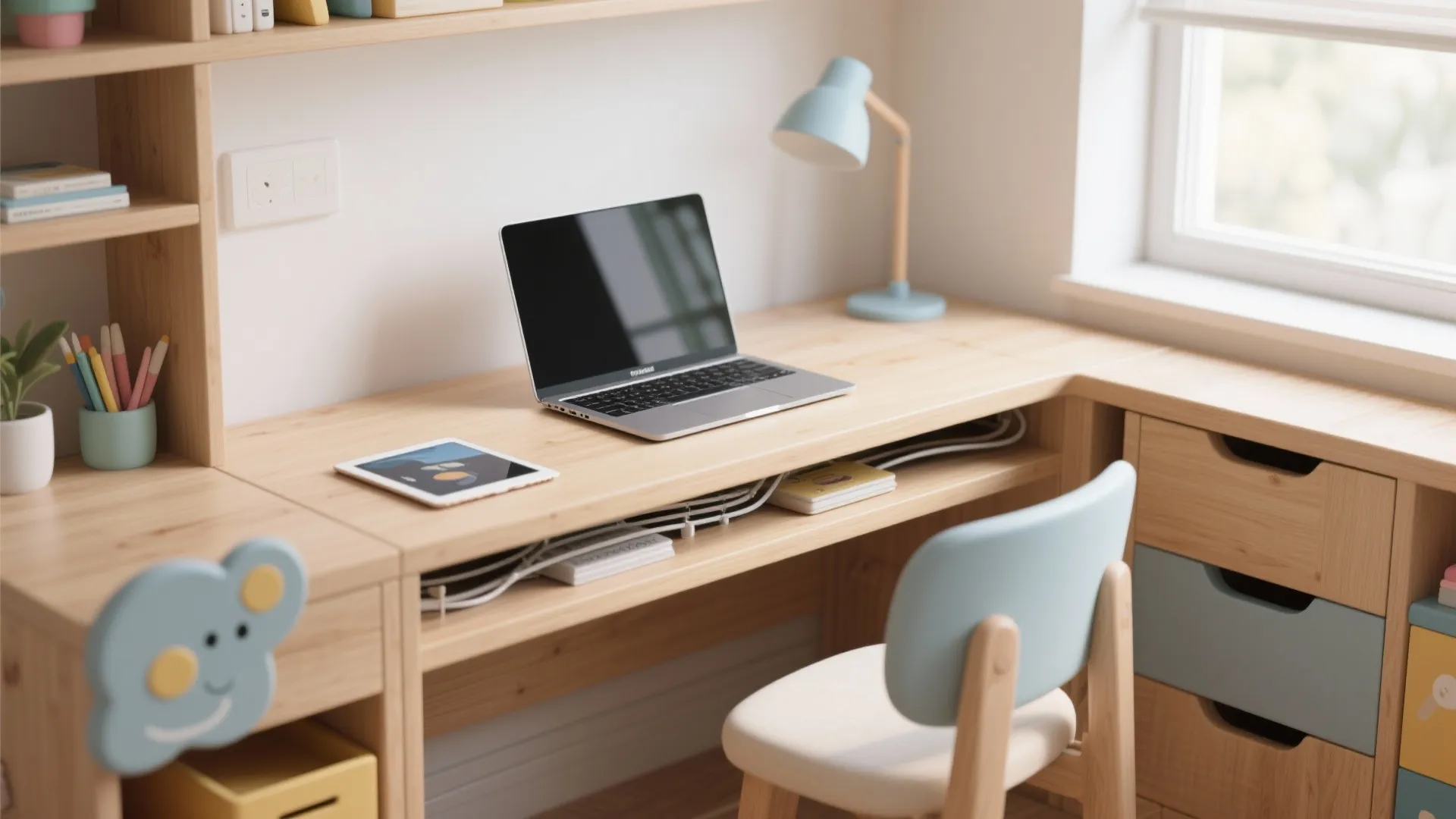 Wooden study desk with laptop tablet blue table light and organized cable management in kids room