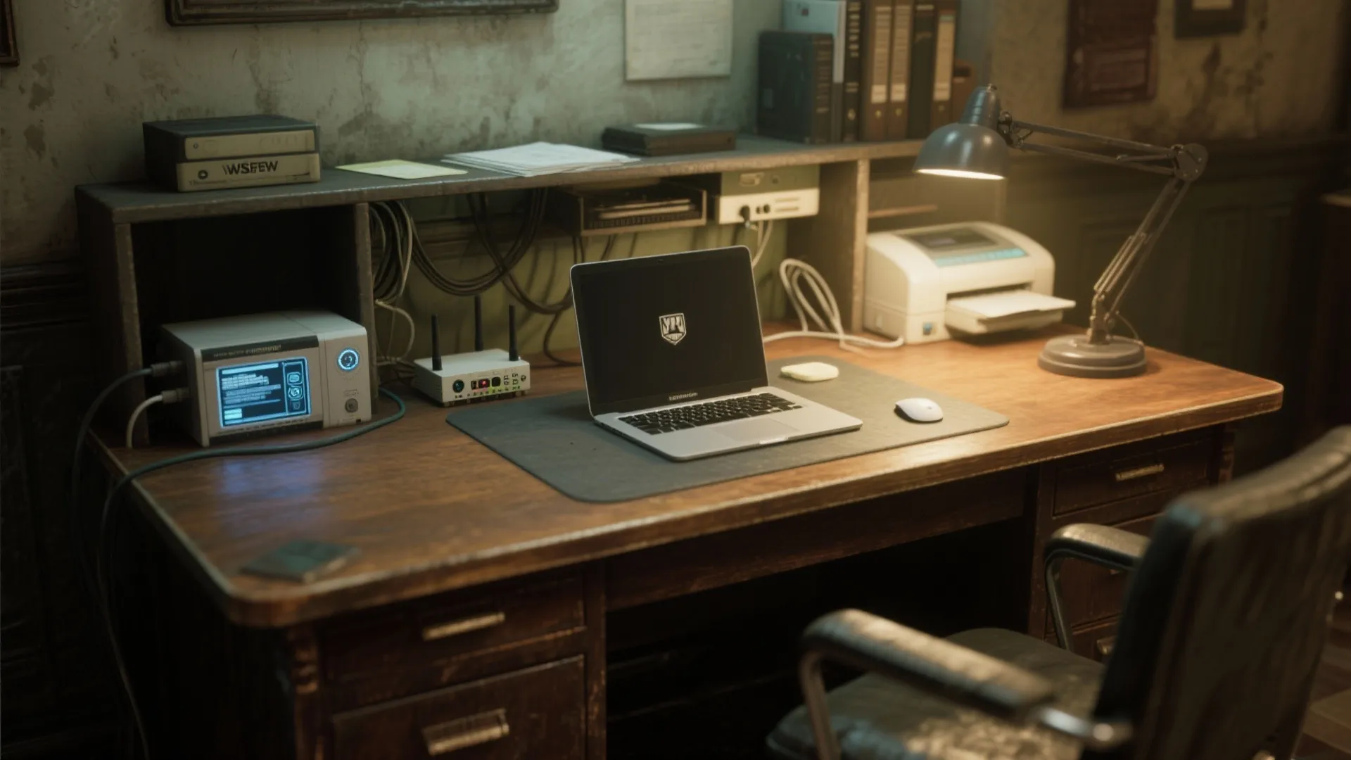 Vintage wooden desk with laptop computer plus office equipment under a small warm desk light
