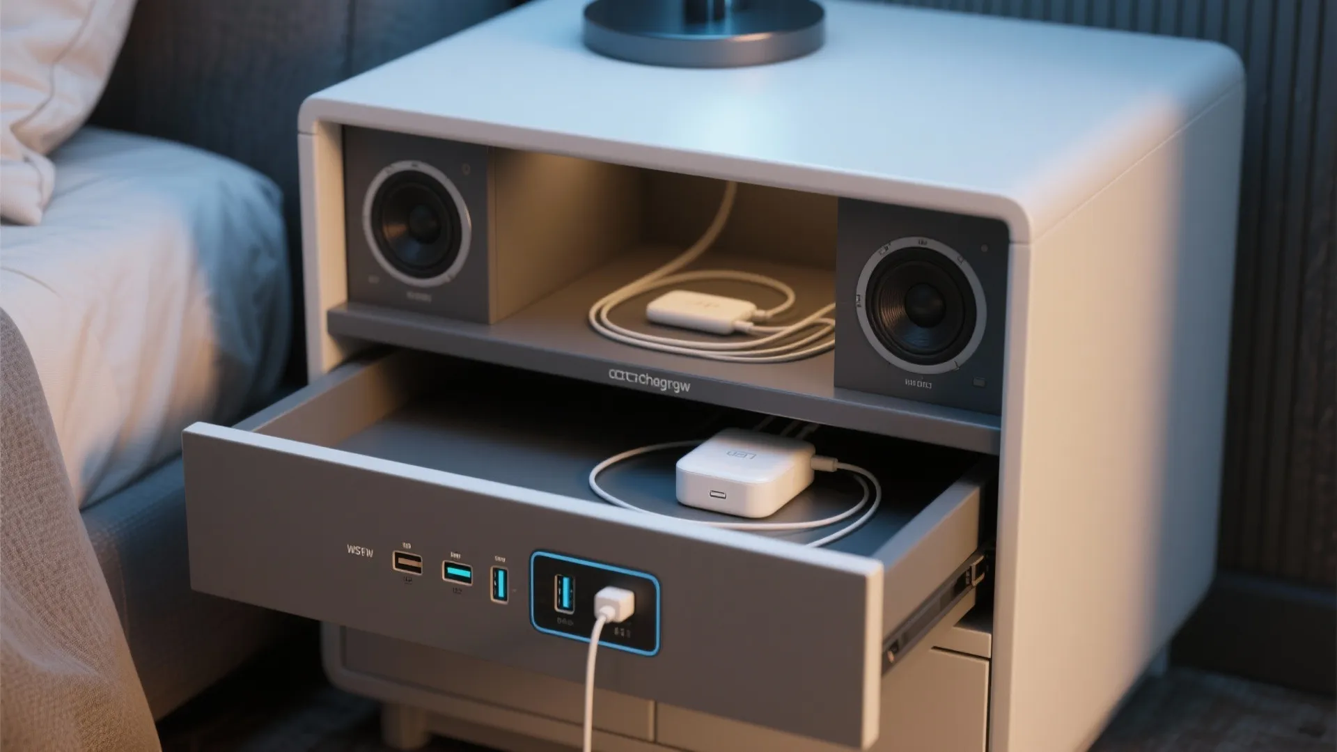 Smart white nightstand with built-in speakers and open drawer showing charging ports plus wireless devices