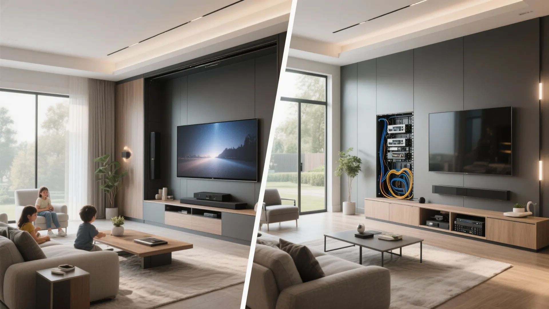 Before and after showing concealed vs visible tech in a family room