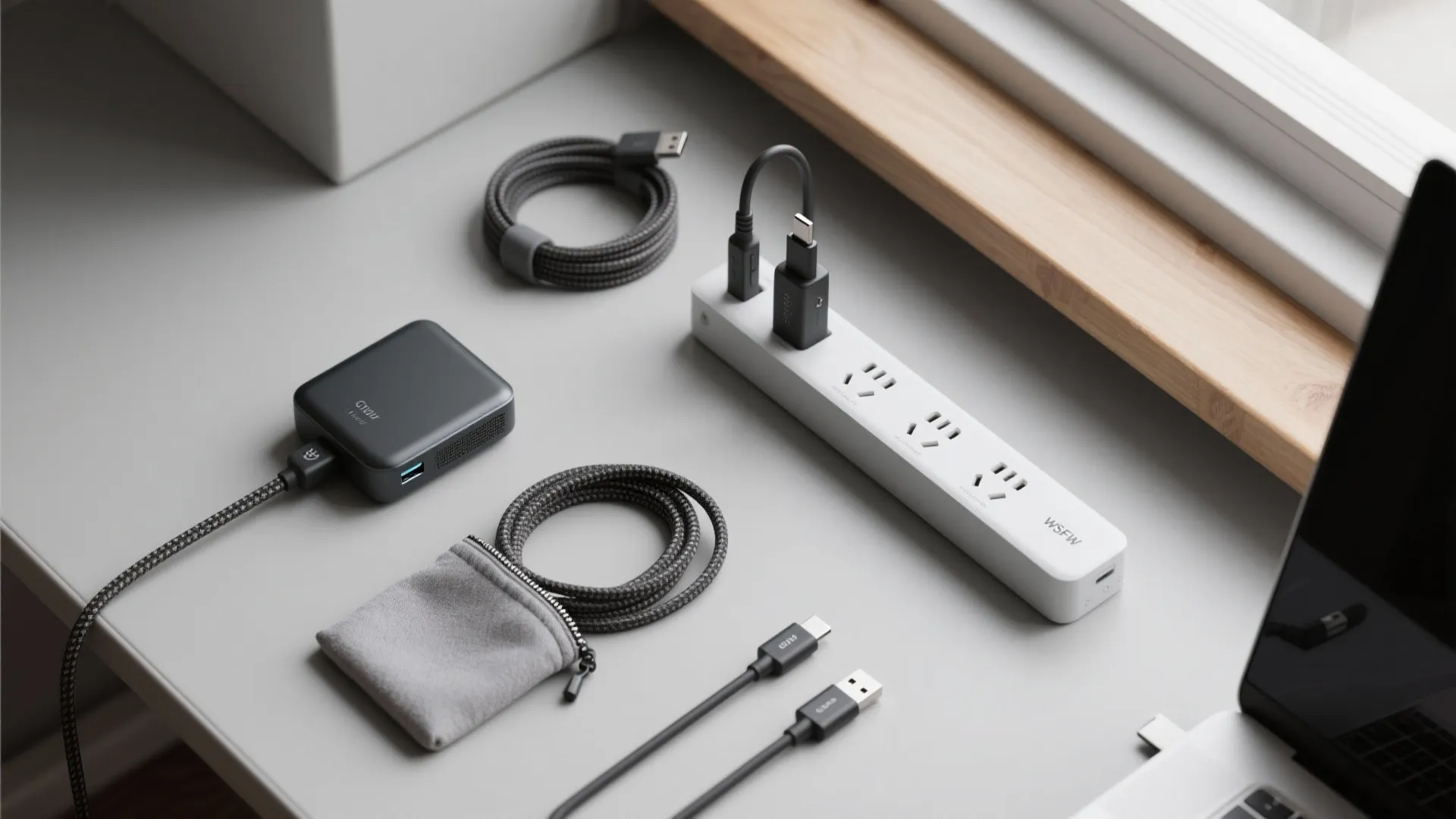 Flat lay of a compact power strip, USB-C adapters, HDMI cable, labels, and a pouch for a study room.