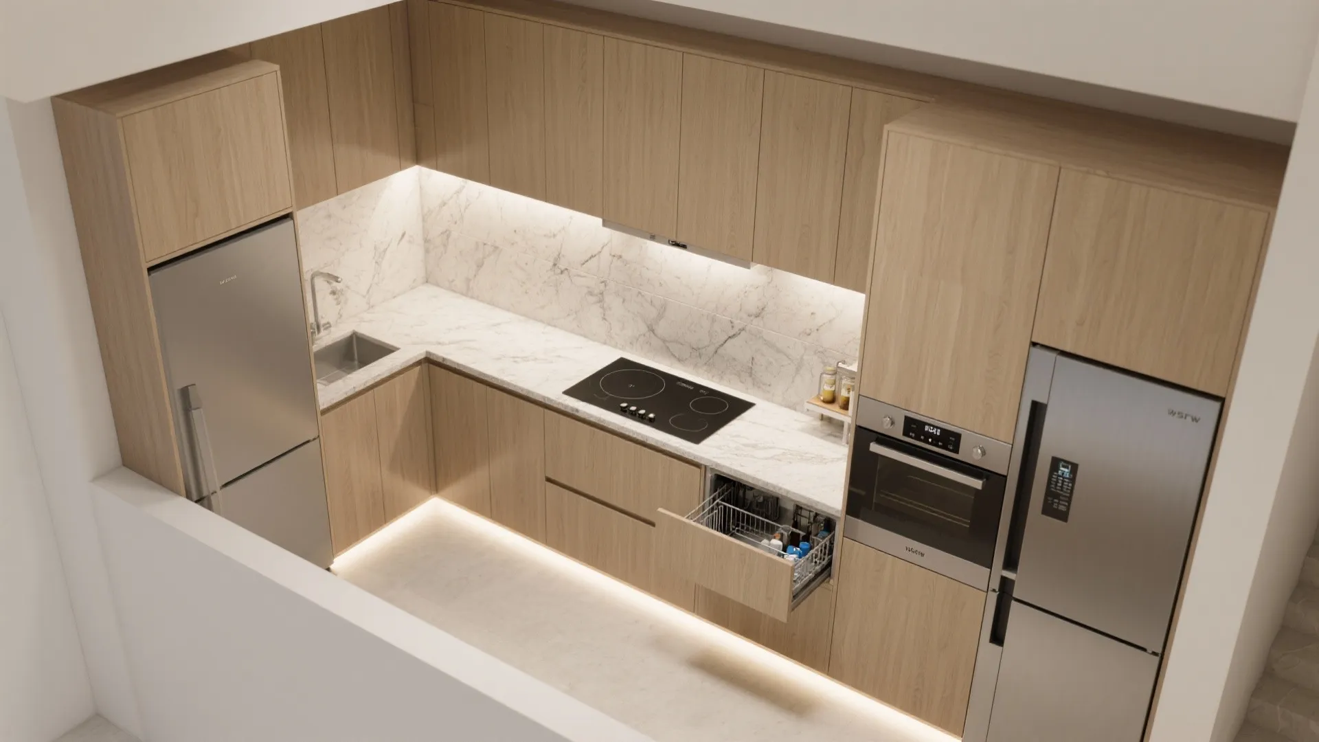 Modern wood kitchen with marble backsplash integrated stove oven and open dishwasher in bright room