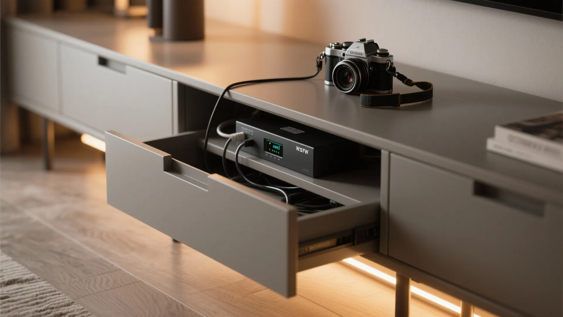 Modern grey cabinet with open drawer showing light fixture wires and a vintage black camera